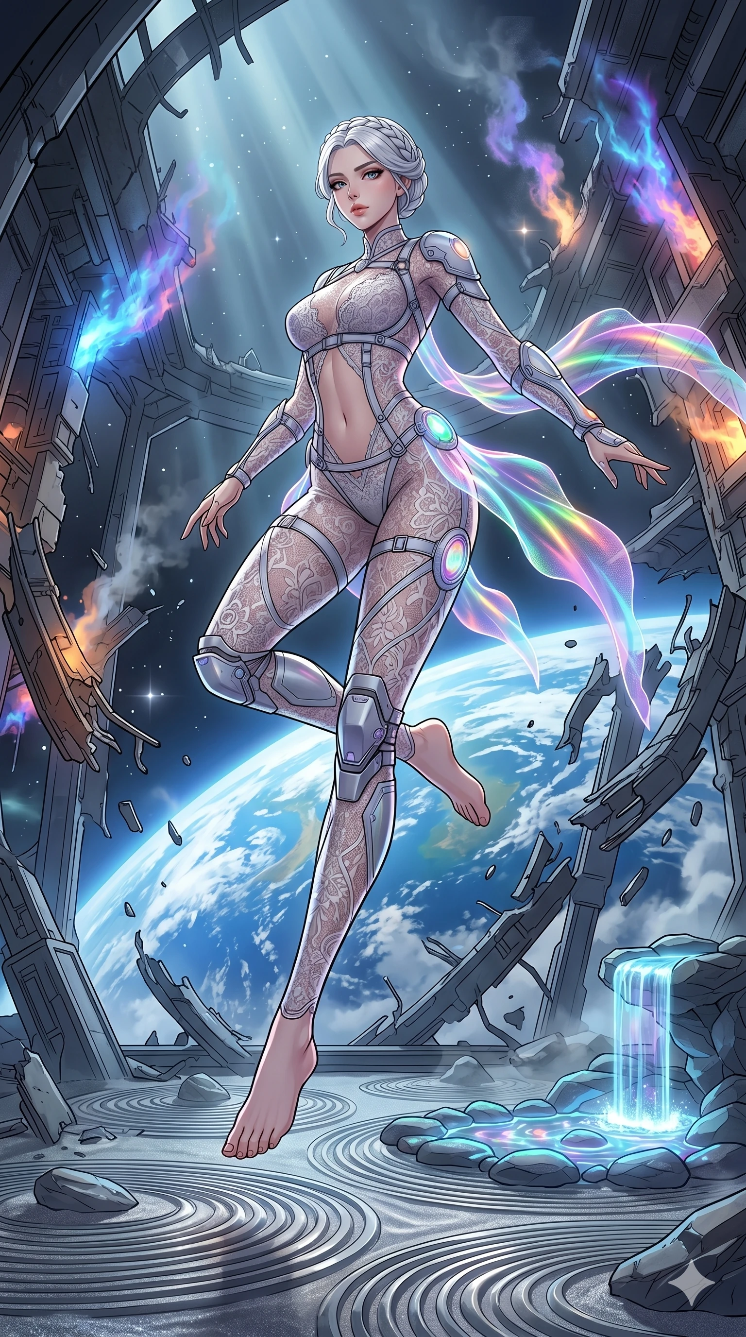 score_9, masterpiece, best quality, ultra-detailed, High-budget Anime Keyframe, vibrant colors, fluid line-art, expressive lighting, cinematic composition, Ufotable-style visual effects, top-tier animation quality, Korean woman with idol-like refined features. Wide-angle low shot emphasizing her impossibly long slender legs and commanding stature. Escaping a crumbling orbital space station amidst falling debris and venting atmosphere, the earth visible as a beautiful blue marble below. She has an absolutely perfect 8-heads proportion, an exceptionally tall and slender female figure with impossibly long slender legs and an ultra-slim waist, her statuesque height and towering silhouette dominating the vertical 9:16 frame. Her face is a masterpiece featuring a sharp v-shaped jawline, high-bridge nose, intricate jewel-like eyes with depth, thick eyelashes, and glossy lips with a natural sheen. She is wearing a Sheer lace catsuit with strategically placed armor plating and glowing energy nodes crafted from Holographic chiffon that changes color with every movement, creating a rainbow effect, with an exposed midriff and a complex harness system that draws the eye. The scene is set in a serene Zen garden with metallic sand, glowing stones, and a holographic waterfall, illuminated by volumetric light beams cutting through a hazy atmosphere, creating a sense of depth. 2k, ultra detail, master piece, 9:16 ratio