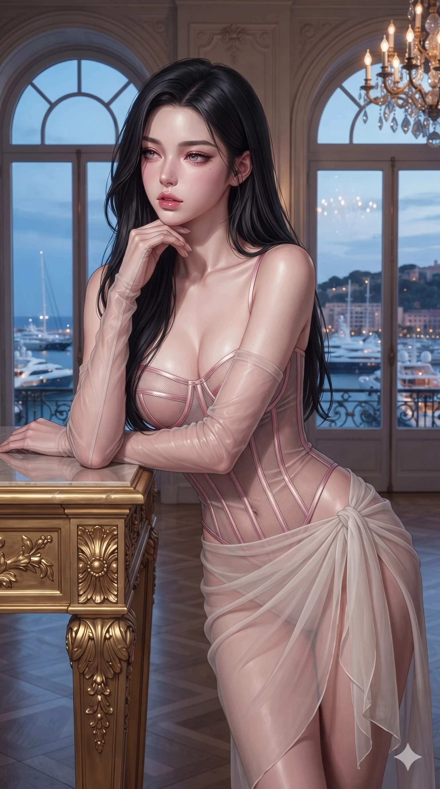 score_9, masterpiece, best quality, ultra-detailed, high-budget anime keyframe, editorial fashion photography, tasteful artistic composition, Korean woman. close-up cowboy shot from the waist and thighs up, the character dominates the composition, filling the frame with her large presence. resting one elbow on the table and supporting her chin, leaning close to the camera with heavy-lidded sparkling eyes and parted lips while leaning against the gilded console table with hips cocked back, looking through towering arched windows at illuminated harbour yachts with heavy-lidded gaze. The surrounding environment is rendered in vivid detail and crisp panoramic clarity: detailed bespoke fashion tailoring, high-gloss satin sheen, and classical palace architecture in razor-sharp precision. She has an exceptionally elegant, slender, and willowy female figure with an ultra-slim waist, flat toned midriff, narrow ribcage, and sculpted feminine hips creating an alluring, slim hourglass silhouette without bulk. sharp v-shaped jawline, high-bridge nose, intricate jewel-like eyes with depth, thick eyelashes, glossy parted lips with a natural sheen, intensely captivating and seductive bedroom-eyes expression, flawlessly proportioned anatomical accuracy, strict slender model proportions, natural body alignment, perfectly sculpted long slender limbs, ultra-slim waistline, clean dynamic posture without body distortion. wearing a provocative translucent mesh corset bodice with boned satin channels paired with a sheer chiffon wrap skirt in prismatic rose-quartz and alien peach, woven from buttery-soft stretch lambskin leather adhering to her body like a second skin, complemented by sheer opera-length evening gloves tracing her slender arms, the form-contouring silhouette accentuating her sculpted flat midriff, narrow delicate ribcage, and gracefully curvy hips with intoxicating allure. illuminated by cool Mediterranean twilight streaming through arched windows mixed with warm interior chandelier bounce. ultra-reflective glossy finish, specular highlights, rich textural contrasts, high-contrast stereoscopic depth, volumetric dynamic lighting, 2k, ultra detail, master piece, 9:16 ratio