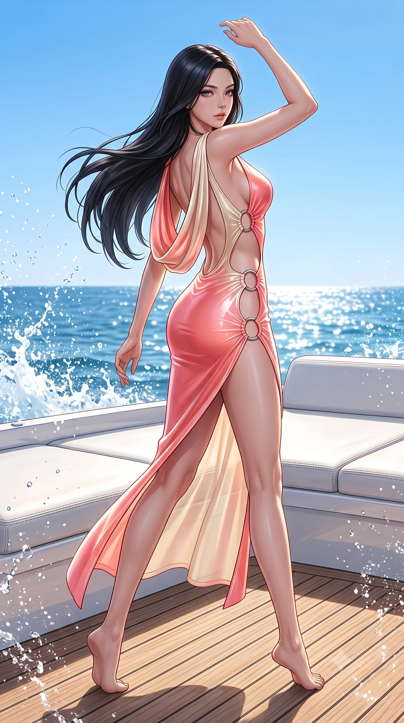 score_9, masterpiece, best quality, ultra-detailed, high-budget anime keyframe, semi-realistic 3D game render, editorial fashion photography, tasteful artistic composition, Korean woman. low angle full-body shot from head to toe showing her feet, filling the entire 9:16 vertical frame with her statuesque presence, stretching her vertical silhouette. pivoting dynamically in mid-motion with a breathtakingly alluring posture, displaying her flawless model proportions and ultra-slim waist while stretching her impossibly long slender legs along the sunlit teak deck with effortless supermodel poise. The surrounding environment is rendered in vivid detail and crisp panoramic clarity. sharp splashing sea spray droplets, white leather sunbed seams, and cloudless sky in high clarity. She has an absolutely perfect, statuesque 8.5-heads proportion, an exceptionally tall and slender model-like female figure with impossibly long slender legs, a toned flat midriff, and an ultra-slim waist. sharp v-shaped jawline, high-bridge nose, intricate jewel-like eyes with depth, thick eyelashes, glossy lips with a natural sheen, flawlessly proportioned anatomical accuracy, strict slender model proportions, natural body alignment, perfectly sculpted long slender limbs, ultra-slim waistline, clean dynamic posture without body distortion. wearing a precision-fitted liquid jersey bodycon dress with a dramatic draped cowl back that swoops down to her waist and a high side slit in radiant coral pink and champagne ivory, tailored from semi-translucent cybernetic vinyl with glowing micro-filaments, detailed with polished silver rings connecting the daring side-waist cutouts, the glove-like aerodynamic second-skin fit tightly clinging to her ultra-slender waist and athletic curves without adding bulk, accentuating her razor-sharp statuesque lines and slim hourglass silhouette. bathed in dazzling midday Mediterranean sunshine and sparkling ocean surface reflections. highly saturated vibrant anime colors, detailed shading with soft gradients, rich glossy textures, high-contrast stereoscopic depth, volumetric dynamic lighting, master piece, 9:16 ratio