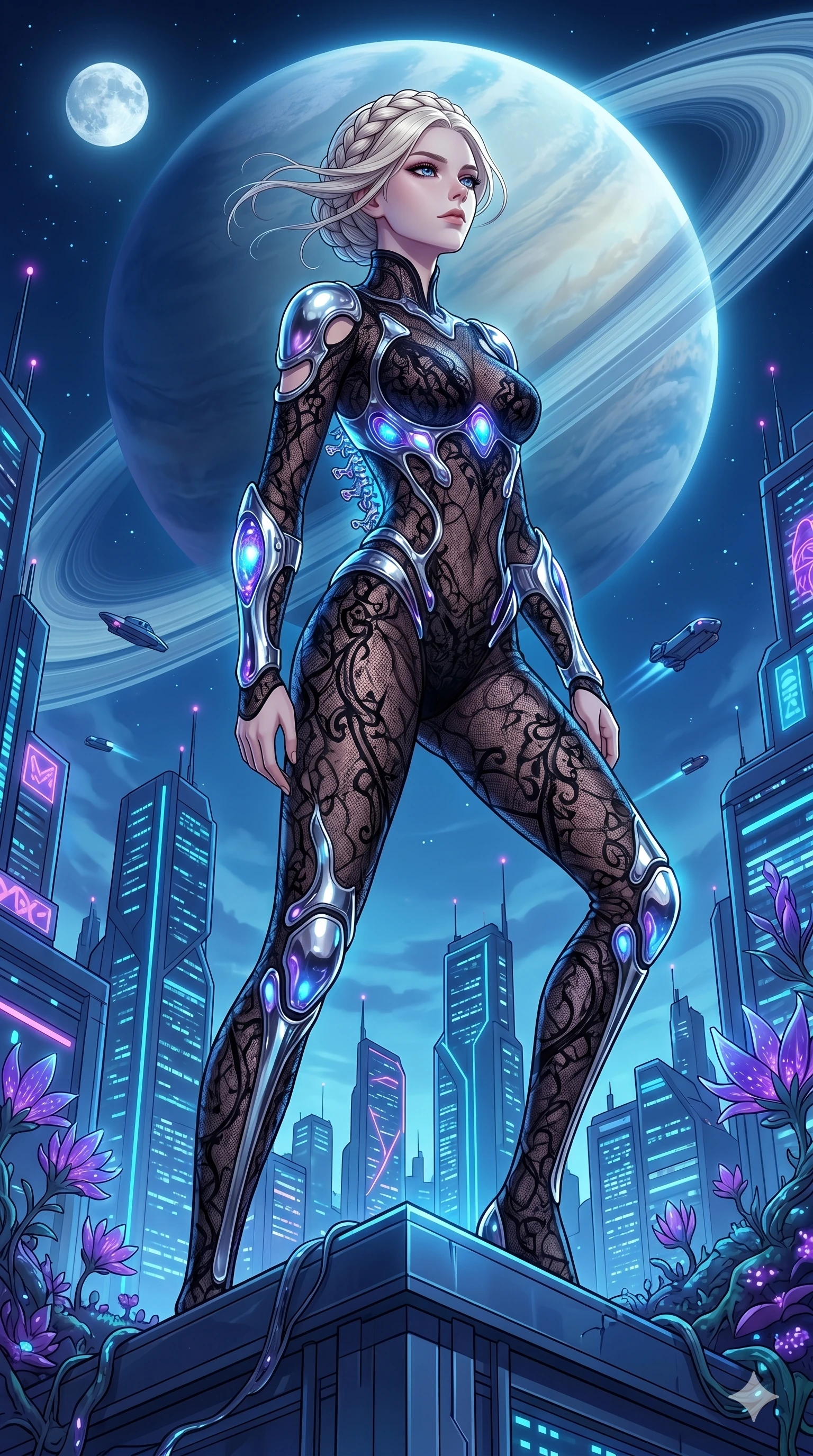 score_9, masterpiece, best quality, ultra-detailed, High-budget Anime Keyframe, vibrant colors, fluid line-art, expressive lighting, cinematic composition, Ufotable-style visual effects, top-tier animation quality, Japanese woman with delicate and elegant anime-inspired features. Low angle cowboy shot filling the entire 9:16 frame with her statuesque presence, looking up to emphasize her height. Standing atop a dizzying skyscraper overlooking a vast megalopolis of neon towers and flying vehicles, the wind whipping through her hair. She has an absolutely perfect 8-heads proportion, an exceptionally tall and slender female figure with impossibly long slender legs and an ultra-slim waist, her statuesque height and towering silhouette dominating the vertical 9:16 frame. Her face is a masterpiece featuring a sharp v-shaped jawline, high-bridge nose, intricate jewel-like eyes with depth, thick eyelashes, and glossy lips with a natural sheen. She is wearing a Sheer lace catsuit with strategically placed armor plating and glowing energy nodes crafted from Molten liquid mercury that flows and reflects the environment with metallic perfection, boasting shoulder cut-outs and a glowing spinal interface visible through the back. The scene is set in a mysterious alien planet with bioluminescent purple flora and a giant ringed planet in the sky, illuminated by ethereal moonlight filtering through a crystalline canopy, creating soft highlights. 2k, ultra detail, master piece, 9:16 ratio