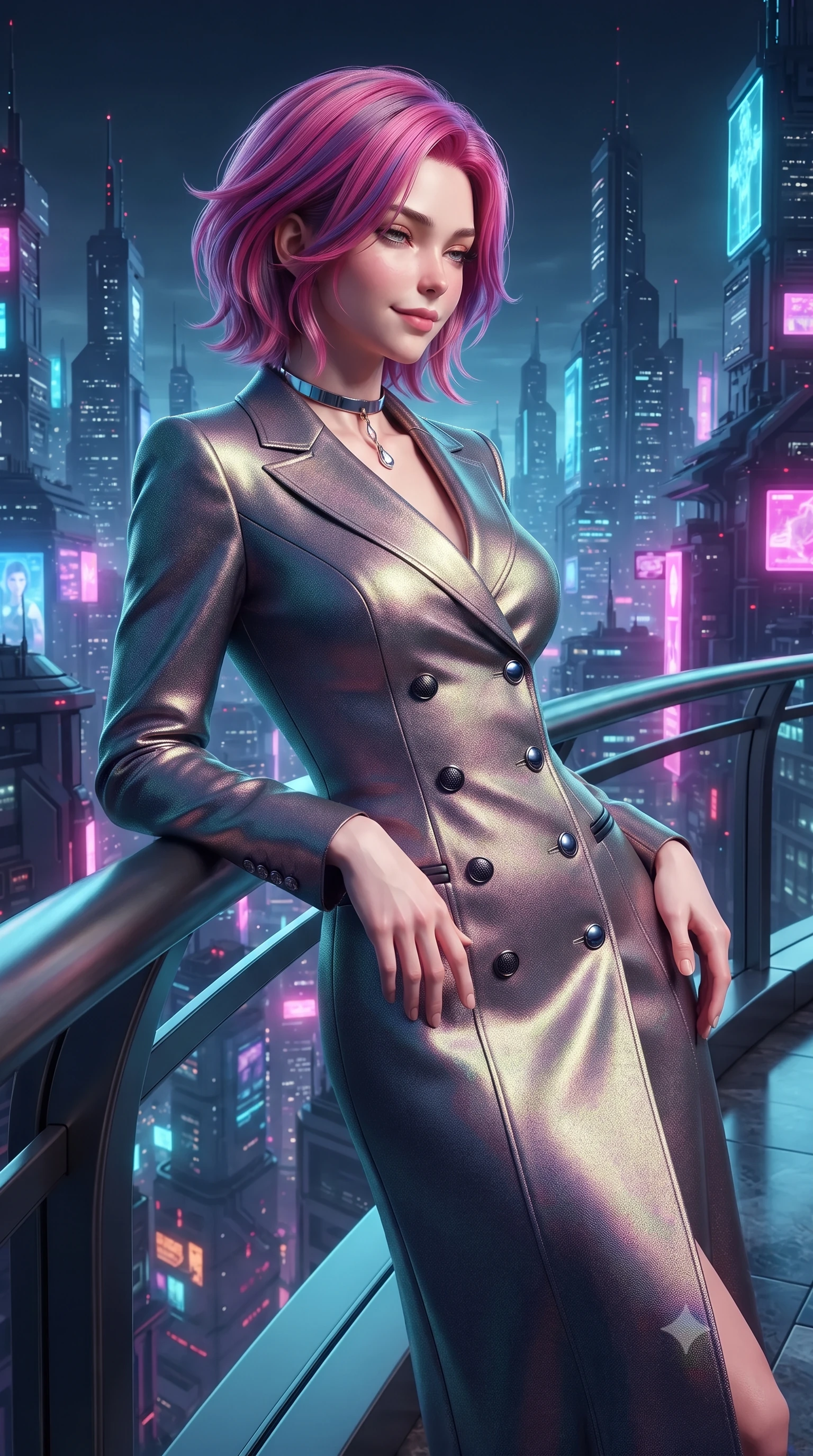 score_9, masterpiece, best quality, ultra-detailed, high-budget anime keyframe, editorial fashion photography, tasteful artistic composition, Caucasian woman. close-up cowboy shot from the waist and thighs up, the character dominates the composition, filling the frame with her large presence. tilting her head with a teasing half-smile, running one hand slowly down the side of her hip in a flirtatious S-curve as ambient light caresses her silhouette while leaning against the curved panoramic titanium balustrade with hips cocked back, looking out over the neon-drenched spires of Neo-Tokyo with heavy-lidded smoldering bedroom-eyes. The surrounding environment is rendered in vivid detail and crisp panoramic clarity: detailed garment seam lines, metallic cyber-trim, and advanced aerospace architecture in razor-sharp precision. She has an exceptionally elegant, slender, and willowy female figure with an ultra-slim waist, flat toned midriff, narrow ribcage, and sculpted feminine hips creating an alluring, slim hourglass silhouette without bulk. sharp v-shaped jawline, high-bridge nose, intricate jewel-like sparkling eyes with depth, thick eyelashes, glossy parted lips with a natural peach sheen, bright cheerful beaming smile with an enchanting and coquettish sensual glint, exuding both youthful cute charm and seductive allure, flawlessly proportioned anatomical accuracy, strict slender model proportions, natural body alignment, perfectly sculpted long slender limbs, ultra-slim waistline, clean dynamic posture without body distortion. wearing a tailored double-breasted iridescent silk lamé coat dress with metallic button closures in matte carbon fiber black and polished chrome, tailored from high-density tech-wool with subtle metallic thread weave, finished with a minimalist chrome choker and a single teardrop diamond pendant, the impeccably tailored cut draping gracefully along her slender figure with aristocratic poise. illuminated by floor pool reflection bounce and sharp laser-cyan rim lights sculpting her razor-sharp jawline, narrow waist, and curvy hips. ultra-reflective glossy finish, specular highlights, rich textural contrasts, high-contrast stereoscopic depth, volumetric dynamic lighting, 2k, ultra detail, master piece, 9:16 ratio