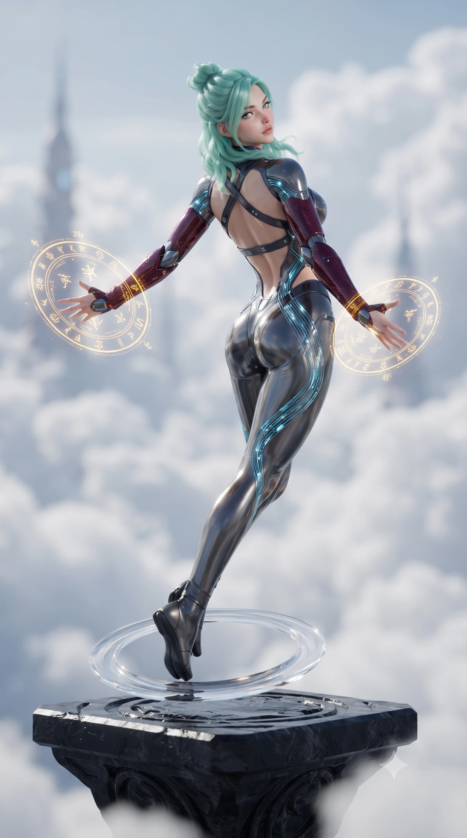 score_9, masterpiece, best quality, ultra-detailed, high-budget anime keyframe, editorial fashion photography, tasteful artistic composition, Japanese woman. low angle full-body shot from head to toe showing her feet, filling the entire 9:16 vertical frame with her statuesque presence, stretching her vertical silhouette. leaping into mid-air with an athletic yet alluring arch of her spine, driving a downward kinetic strike surrounded by a ring of displaced air while standing poised on a floating obsidian altar as golden holographic runes orbit her palms in concentrated energy focus. The composition keeps background elements in soft focus with creamy bokeh. billowing white cloud seas and distant celestial spires softened by shallow atmospheric focus. She has an absolutely perfect, statuesque 8.5-heads proportion, an exceptionally tall and slender model-like female figure with impossibly long slender legs, a toned flat midriff, and an ultra-slim waist. sharp v-shaped jawline, high-bridge nose, intricate jewel-like eyes with depth, thick eyelashes, glossy lips with a natural sheen, flawlessly proportioned anatomical accuracy, strict slender model proportions, natural body alignment, perfectly sculpted long slender limbs, ultra-slim waistline, clean dynamic posture without body distortion. wearing an aerodynamic dark titanium carbon-mesh jumper with glowing blue fiber lines and reinforced Damascus-pattern arm guards in deep crimson carbon weave with specular dark chrome accents, crafted from semi-translucent cybernetic carbon-vinyl interwoven with glowing micro-filaments, complemented by criss-cross back harness straps highlighting her completely bare spine, the precision-cut daring openings accentuating her delicate midriff, graceful bare collarbones, and ultra-slim feminine waistline. illuminated by crisp specular highlights tracing her sculpted flat midriff, bare spine, and slender limbs. ultra-reflective glossy finish, specular highlights, dark metallic sheen, high-contrast stereoscopic depth, volumetric dynamic lighting, 2k, ultra detail, master piece, 9:16 ratio