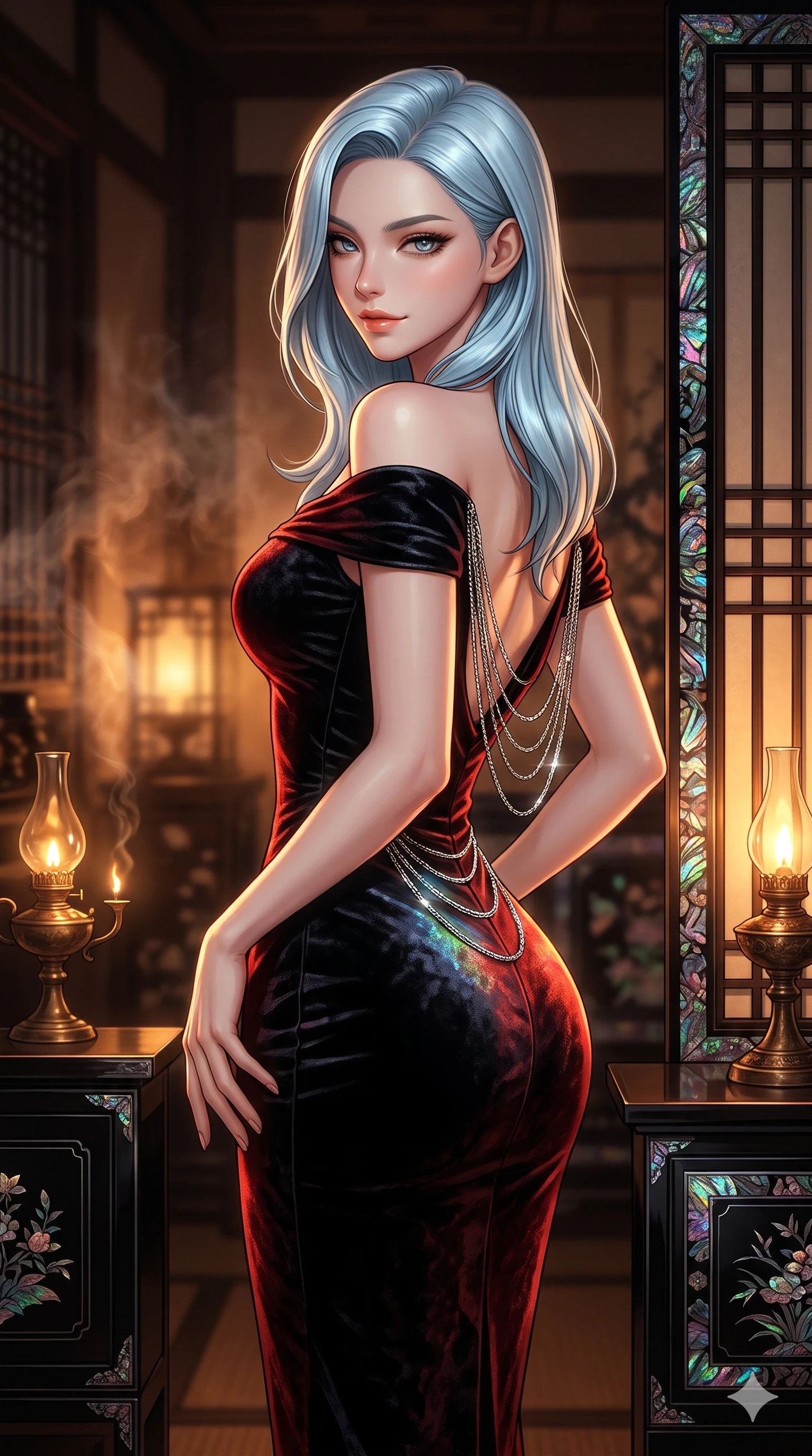 score_9, masterpiece, best quality, ultra-detailed, high-budget anime keyframe, editorial fashion photography, tasteful artistic composition, Korean woman. close-up cowboy shot from the waist and thighs up, the character dominates the composition, filling the frame with her large presence. twisting her slender torso in a deep contrapposto stance, hips dramatically shifted to accentuate her feminine curves while looking past her shoulder with smoldering bedroom-eyes while twisting her slender torso in an alluring contrapposto stance, rainbow mother-of-pearl reflections contouring her waist and hips. The surrounding environment is rendered in vivid detail and crisp panoramic clarity: sharp iridescent abalone shell inlay edges, deep mirror-like black lacquer gloss, and bronze oil lamp patina in deep focus. She has an exceptionally elegant, slender, and willowy female figure with an ultra-slim waist, flat toned midriff, narrow ribcage, and sculpted feminine hips creating an alluring, slim hourglass silhouette without bulk. sharp v-shaped jawline, high-bridge nose, sparkling eyes with hypnotic seductive depth, thick curled eyelashes, glossy parted lips with a natural dewy peach sheen, alluring bedroom-eyes with an enchanting coquettish smile, exuding magnetic siren charisma and sophisticated glamour, flawlessly proportioned anatomical accuracy, strict slender model proportions, natural body alignment, perfectly sculpted long slender limbs, ultra-slim waistline, clean dynamic posture without body distortion. wearing a form-contouring off-shoulder modern hanbok midi dress with traditional curved neckline and low-back scoop in midnight obsidian black and rich cinnabar red, tailored from crushed dark velvet with deep light-absorbing plush texture, accented with an open-back drape framed by falling strands of delicate chrome chains, the form-fitting cut adhering flawlessly to her sculpted flat midriff and slender torso, emphasizing her long leg lines and perfectly proportioned willowy build. bathed in soft moody amber chiaroscuro lighting spilling from ornate bronze oil lamps. ultra-reflective glossy finish, specular highlights, rich textural contrasts, high-contrast stereoscopic depth, volumetric dynamic lighting, 2k, ultra detail, master piece, 9:16 ratio