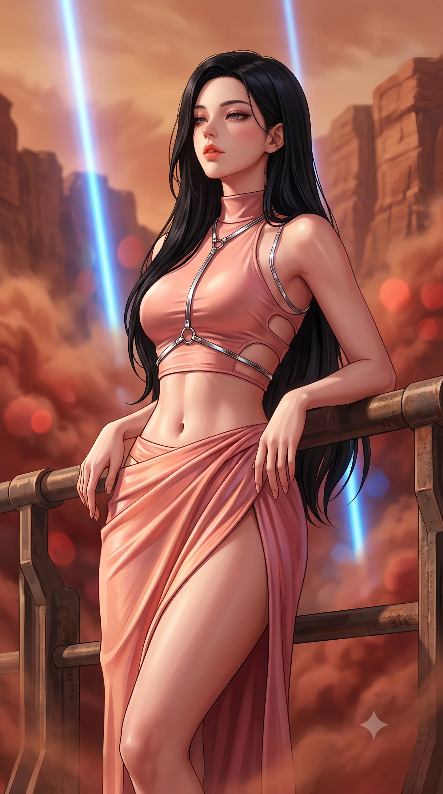 score_9, masterpiece, best quality, ultra-detailed, high-budget anime keyframe, semi-realistic 3D game render, editorial fashion photography, tasteful artistic composition, Korean woman. close-up cowboy shot from the waist and thighs up, the character dominates the composition, filling the frame with her large presence. leaning back against the balustrade with relaxed seductive grace, head tilted back slightly while casting a hypnotic, heavy-lidded gaze while leaning against the heavy terraforming conduit with hips cocked back, watching blue atmospheric ionization lasers pierce red dust storms with smoldering bedroom-eyes. The background shows a soft-focus swirling red and ochre Martian dust clouds, towering canyon cliff strata, and giant blue atmospheric laser beams blurred into terracotta, crimson, and cobalt bokeh. She has an exceptionally elegant, slender, and willowy female figure with an ultra-slim waist, flat toned midriff, narrow ribcage, and sculpted feminine hips creating an alluring, slim hourglass silhouette without bulk. sharp v-shaped jawline, high-bridge nose, intricate jewel-like sparkling eyes with depth, thick eyelashes, glossy parted lips with a natural peach sheen, bright cheerful beaming smile with an enchanting and coquettish sensual glint, exuding both youthful cute charm and seductive allure, flawlessly proportioned anatomical accuracy, strict slender model proportions, natural body alignment, perfectly sculpted long slender limbs, ultra-slim waistline, clean dynamic posture without body distortion. wearing an alluring tactical crop top with asymmetrical side-rib cutouts and high-neck collar paired with a high-slit wrap skirt in Solaris liquid rose-quartz and alien peach, made of fluid liquid jersey with seamless sculpting hold and smooth contours, accented with a chrome-drop body harness subtly framing her dewy collarbones and spine, the impeccably tailored cut draping gracefully along her slender figure with aristocratic poise. bathed in rich 2000K warm terracotta sunset glow contrasted with brilliant electric-blue ionization laser conduits. highly saturated vibrant anime colors, detailed shading with soft gradients, rich glossy textures, high-contrast stereoscopic depth, volumetric dynamic lighting, master piece, 9:16 ratio