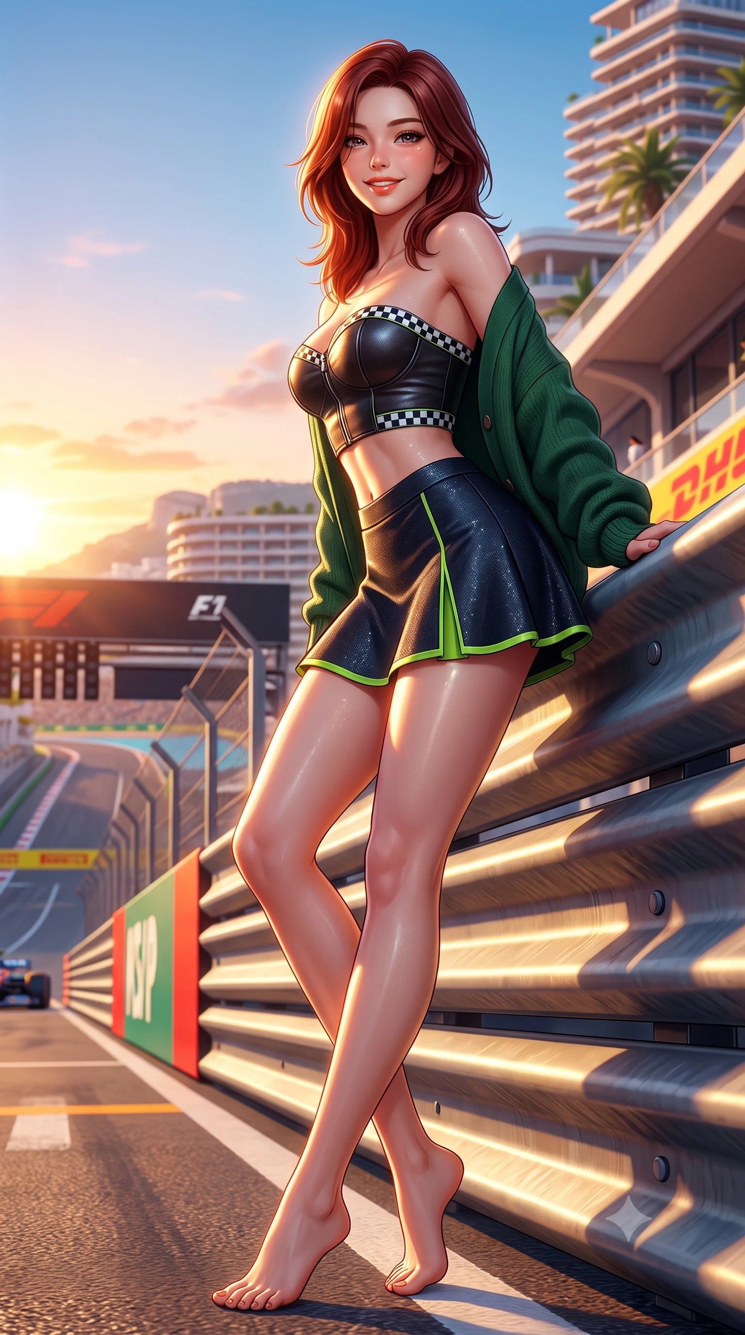 score_9, masterpiece, best quality, ultra-detailed, high-budget anime keyframe, semi-realistic 3D game render, editorial fashion photography, tasteful artistic composition, Korean woman. low angle full-body shot from head to toe showing her feet, filling the entire 9:16 vertical frame with her statuesque presence, stretching her vertical silhouette. leaning deep against the pit lane barrier with hips cocked back in an unapologetically alluring high-fashion stance, flashing a warm beaming smile while twisting her slender torso in an alluring S-curve as Mediterranean sunset rays trace her form-fitting athletic outfit and curvy hips. The surrounding environment is rendered in vivid detail and crisp panoramic clarity: detailed athletic suit fabric weave, sunset highlights on skin, and luxury hotel rooftop architecture in razor-sharp precision. She has an absolutely perfect, statuesque 8.5-heads proportion, an exceptionally tall and slender model-like female figure with impossibly long slender legs, an ultra-slim waist, a flat toned midriff, narrow delicate ribcage, and beautifully sculpted feminine hips creating a graceful, slim hourglass silhouette without any bulky heaviness. sharp v-shaped jawline, high-bridge nose, sparkling eyes with athletic focus and depth, thick curled eyelashes, glossy parted lips with a natural coral-peach sheen, bright confident and coquettish smile with alluring bedroom-eyes, exuding both youthful sporty vigor and sovereign high-society glamour, flawlessly proportioned anatomical accuracy, strict slender model proportions, natural body alignment, perfectly sculpted long slender limbs, ultra-slim waistline, clean dynamic posture without body distortion. wearing a chic leather bustier top with checkered flag trim paired with an ultra-short A-line tennis skirt in deep midnight carbon and luminous lime green piping, woven from metallic lurex and technical nylon with subtle starlight glints, complemented by an oversized cashmere knit cardigan slipping off one bare shoulder, the liquid-tight tailored fabric clinging flawlessly to her narrow waist and rounded feminine hips, emphasizing every millimeter of her sculpted slim hourglass curves without any bulky heaviness. illuminated by pool water caustic bounce and sharp warm-gold rim lights sculpting her razor-sharp jawline, narrow waist, and curvy hips. highly saturated vibrant anime colors, detailed shading with soft gradients, rich glossy textures, high-contrast stereoscopic depth, volumetric dynamic lighting, master piece, 9:16 ratio