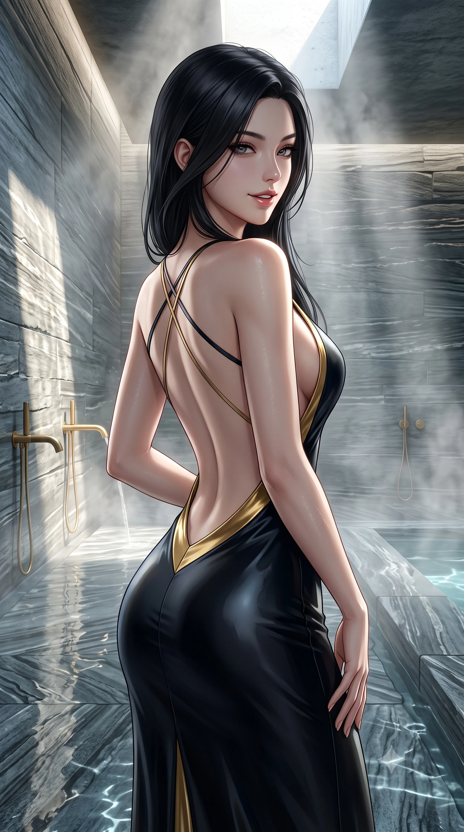 score_9, masterpiece, best quality, ultra-detailed, high-budget anime keyframe, semi-realistic 3D game render, editorial fashion photography, tasteful artistic composition, Korean woman. close-up cowboy shot from the waist and thighs up, the character dominates the composition, filling the frame with her large presence. turning over a bare shoulder with an intoxicating, teasing smile, her soft hair framing her sharp jawline as her hips angle gracefully while standing poised on the wet quartzite floor beside a narrow ceiling light slit, turning in an alluring silhouette as dramatic sunlight cuts through steam. The surrounding environment is rendered in vivid detail and crisp panoramic clarity. sharp layered Vals quartzite stone strata, water surface tension caustics, and brass thermal water spouts in deep focus. She has an exceptionally elegant, slender, and willowy female figure with an ultra-slim waist, flat toned midriff, narrow ribcage, and sculpted feminine hips creating an alluring, slim hourglass silhouette without bulk. sharp v-shaped jawline, high-bridge nose, intricate jewel-like eyes with depth, thick eyelashes, glossy parted lips with a natural sheen, intensely captivating and seductive bedroom-eyes expression, flawlessly proportioned anatomical accuracy, strict slender model proportions, natural body alignment, perfectly sculpted long slender limbs, ultra-slim waistline, clean dynamic posture without body distortion. wearing a liquid-silk jersey evening gown with an ultra-deep plunging open back descending to the base of her spine and a sculpted hip-hugging skirt in midnight obsidian black and liquid gold, tailored from second-skin aerodynamic stretch vinyl with specular wet sheen, finished with criss-cross back satin straps highlighting her graceful shoulder blades, the form-contouring material adhering flawlessly to her sculpted flat midriff and slender torso, emphasizing her long leg lines and perfectly proportioned willowy build. illuminated by shimmering submerged pool lights softly contouring her razor-sharp jawline, narrow waist, and curvy hips. highly saturated vibrant anime colors, detailed shading with soft gradients, rich glossy textures, high-contrast stereoscopic depth, volumetric dynamic lighting, master piece, 9:16 ratio