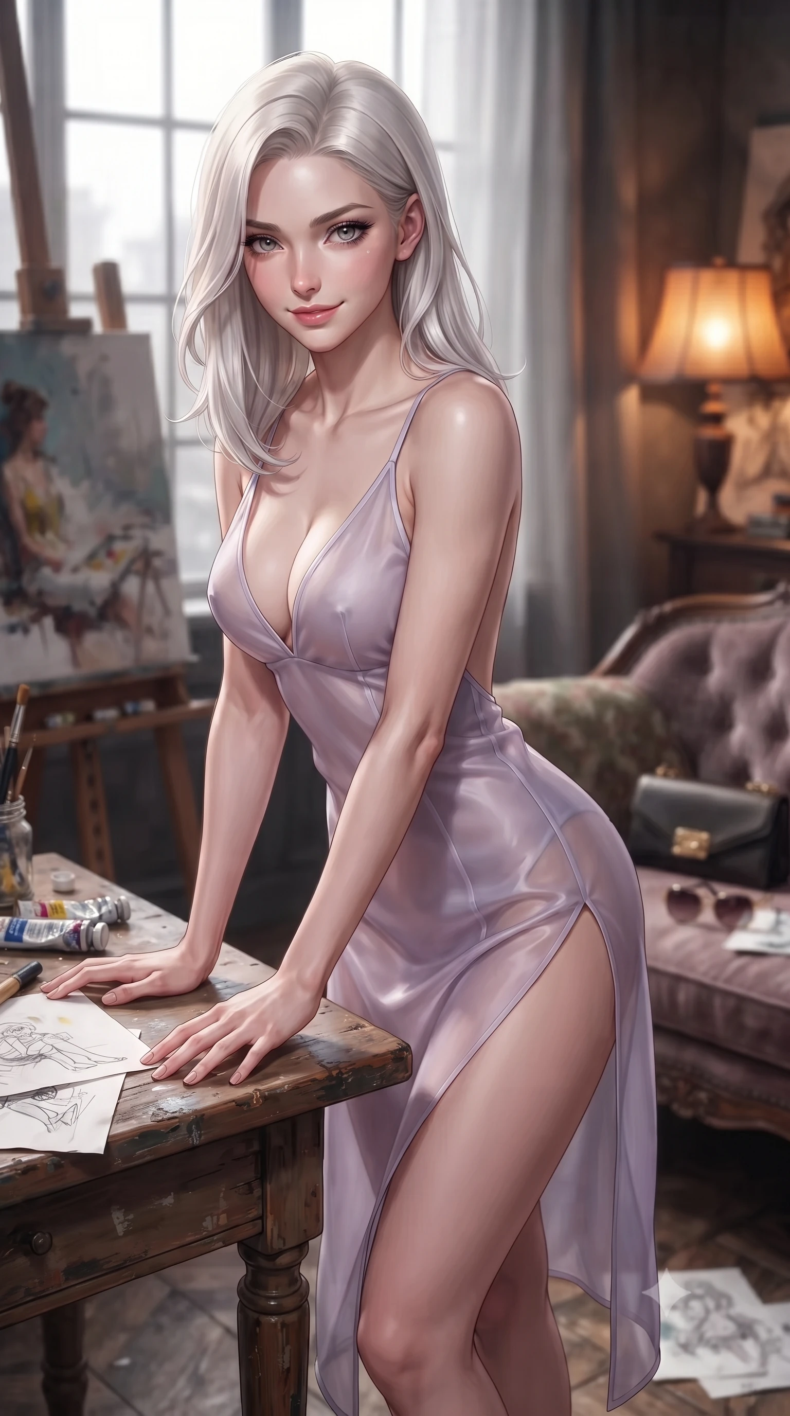 score_9, masterpiece, best quality, ultra-detailed, high-budget anime keyframe, editorial fashion photography, tasteful artistic composition, Caucasian woman. close-up cowboy shot from the waist and thighs up, the character dominates the composition, filling the frame with her large presence, background elements kept in soft focus. leaning slightly forward over the table with a playful, magnetic smile that locks direct eye contact set against a soft-focus background of inside an exclusive art atelier with a pair of designer sunglasses and a sleek leather clutch bag on the lounger. She has an exceptionally elegant, slender, and willowy female figure with an ultra-slim waist, a gracefully sculpted slender torso, and a refined silhouette. sharp v-shaped jawline, high-bridge nose, intricate jewel-like eyes with depth, thick eyelashes, glossy lips with a natural sheen. wearing form-contouring pale lavender sheer organza open-back silk slip dress featuring a deep V-neckline and a leg-lengthening side slit featuring refined tailored seams. illuminated by soft silver moonlight contrasting with the warm amber glow of a nearby lamp. ultra-reflective glossy finish, specular highlights, metallic sheen, high-contrast stereoscopic depth, volumetric dynamic lighting, 2k, ultra detail, master piece, 9:16 ratio