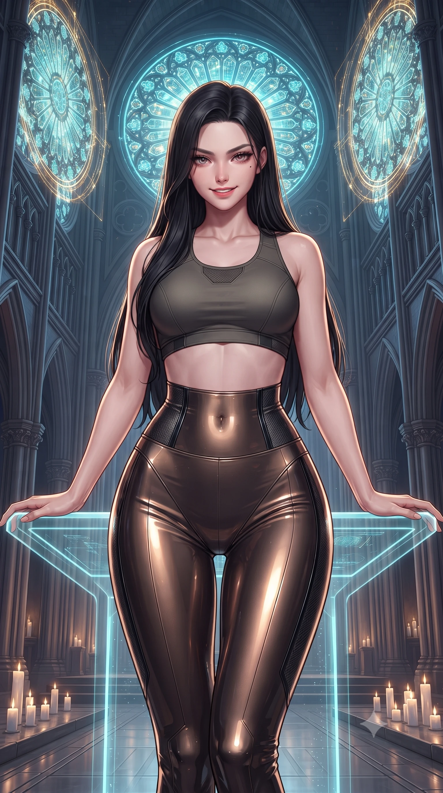 score_9, masterpiece, best quality, ultra-detailed, high-budget anime keyframe, editorial fashion photography, tasteful artistic composition, Korean woman. close-up cowboy shot from the waist and thighs up, the character dominates the composition, filling the frame with her large presence. resting both hands lightly on the holoscreen pedestal while leaning toward the lens with a teasing smirk, her tight combat suit hugging her narrow waist and feminine hip curve while standing centered in the soaring nave beneath monumental holographic rose windows, arching her spine with divine cybernetic majesty. The surrounding environment is rendered in vivid detail and crisp panoramic clarity: detailed armored bodice weave, rainbow laser specular highlights on skin, and futuristic gothic cathedral architecture in high clarity. She has an exceptionally elegant, slender, and willowy female figure with an ultra-slim waist, flat toned midriff, narrow ribcage, and sculpted feminine hips creating an alluring, slim hourglass silhouette without bulk. sharp v-shaped jawline, high-bridge nose, intricate jewel-like sparkling eyes with depth, thick eyelashes, glossy parted lips with a natural sheen, bright confident smile with an enchanting and coquettish sensual glint, exuding both youthful magnetic charm and sovereign high-tech allure, flawlessly proportioned anatomical accuracy, strict slender model proportions, natural body alignment, perfectly sculpted long slender limbs, ultra-slim waistline, clean dynamic posture without body distortion. wearing a tactical racerback athletic crop top paired with skin-tight high-waisted holographic combat leggings in burnished bronze alloy and smoked glass black, tailored from ultra-reflective glossy liquid vinyl with mirror-like specular highlights, finished with delicate carbon-fiber boning framing the narrow waistline, the form-contouring cut accentuating her sculpted flat midriff, narrow delicate ribcage, and gracefully curvy hips with cybernetic supermodel precision. illuminated by altar floor candle LEDs and sharp gold-and-violet rim lighting sculpting her razor-sharp jawline, narrow waist, and curvy hips. ultra-reflective glossy finish, specular highlights, rich textural contrasts, high-contrast stereoscopic depth, volumetric dynamic lighting, 2k, ultra detail, master piece, 9:16 ratio