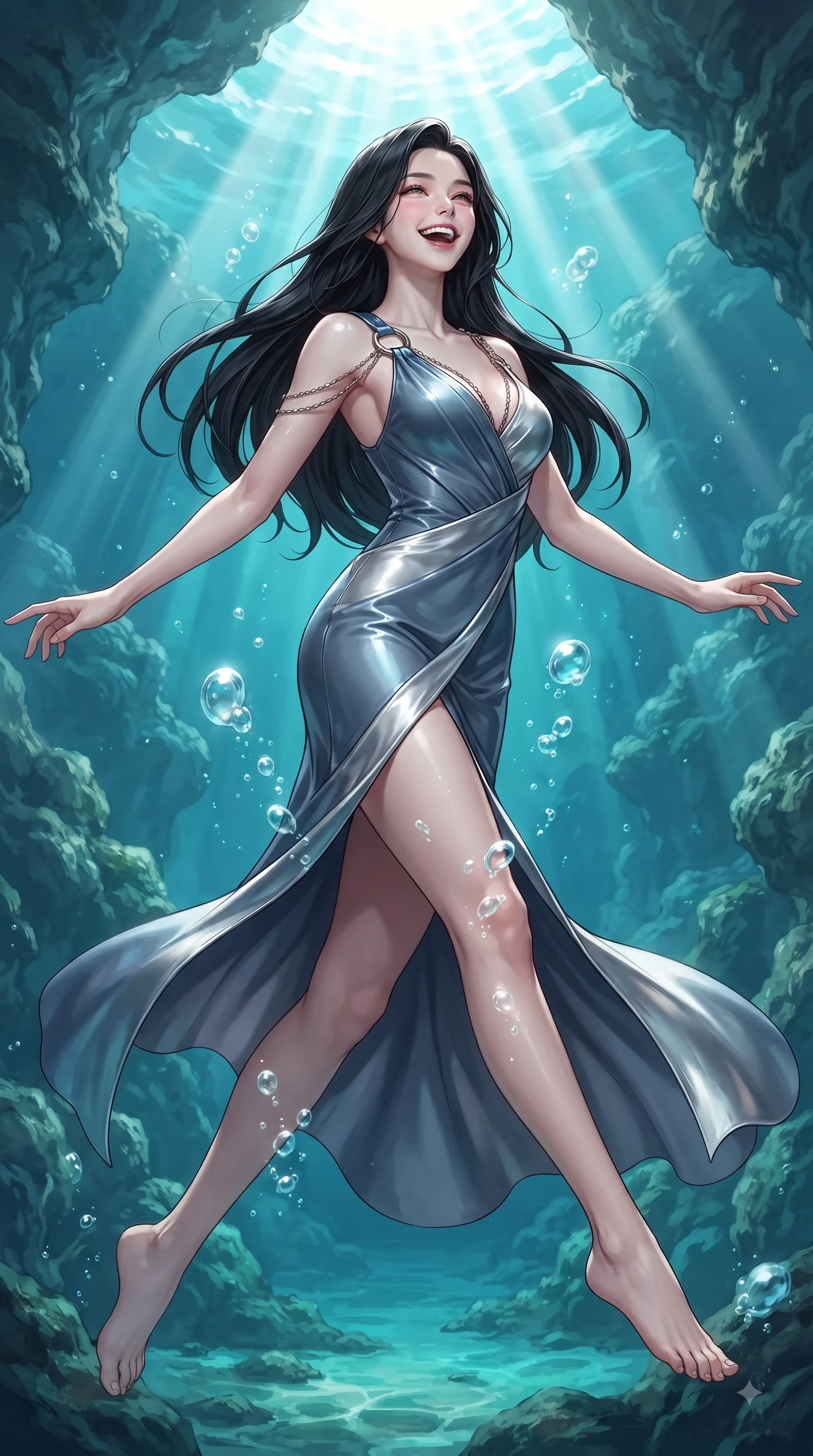 score_9, masterpiece, best quality, ultra-detailed, high-budget anime keyframe, editorial fashion photography, tasteful artistic composition, Korean woman. low angle full-body shot from head to toe showing her feet, filling the entire 9:16 vertical frame with her statuesque presence, stretching her vertical silhouette. pivoting dynamically in zero-gravity with a delighted laughing expression, displaying her perfect model proportions while gliding joyfully upward toward sunbeams penetrating a clear turquoise sea cavern, rising bioluminescent bubbles casting soft pearl-white highlights on her skin. She has an absolutely perfect, statuesque 8.5-heads proportion, an exceptionally tall and slender model-like female figure with impossibly long slender legs and an ultra-slim waist. sharp v-shaped jawline, high-bridge nose, intricate jewel-like eyes with depth, thick eyelashes, glossy lips with a natural sheen, flawlessly proportioned anatomical accuracy, natural body alignment, perfectly sculpted elegant limbs, clean dynamic posture without body distortion. wearing an asymmetrical Grecian draped chiffon gown with a metallic shoulder ring in slate blue and metallic silver, tailored from high-gloss patent leather, adorned with delicate metallic chain straps along the neckline, the tailored fabric tightly following every curve of her athletic build. surrounded by a shimmering ocean aura with bright pearl-white specular rim lights. ultra-reflective glossy finish, specular highlights, metallic sheen, high-contrast stereoscopic depth, volumetric dynamic lighting, 2k, ultra detail, master piece, 9:16 ratio