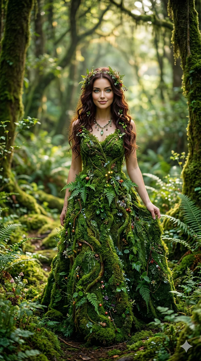 (masterpiece:1.2), best quality, highres, (1girl:1.3), breathtakingly beautiful woman, eyes like polished jade, (dress made of living green moss:1.2), 2k, ultra detail, 9:16 ratio