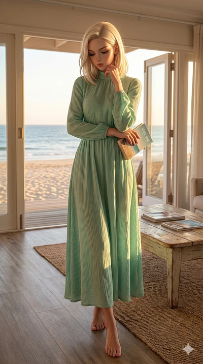 score_9, masterpiece, best quality, ultra-detailed, high-budget anime keyframe, editorial fashion photography, tasteful artistic composition, Caucasian woman, strictly human ears. low angle full-body shot from head to toe showing her feet, filling th