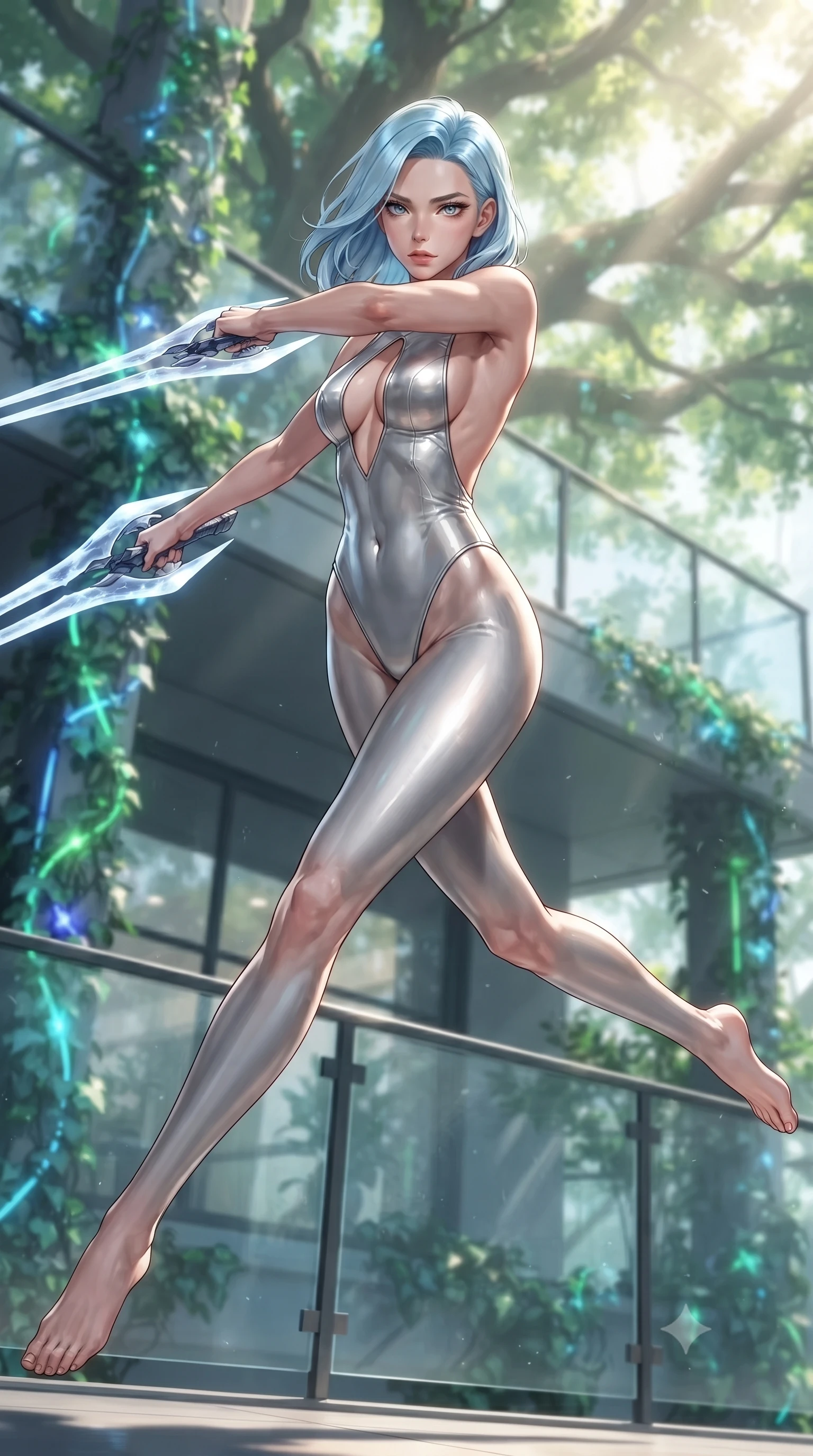 score_9, masterpiece, best quality, ultra-detailed, high-budget anime keyframe, editorial fashion photography, tasteful artistic composition, Korean woman. low angle full-body shot from head to toe showing her feet, filling the entire 9:16 vertical frame with her statuesque presence, stretching her vertical silhouette. leaping forward while slashing with a twin-bladed plasma sword in mid-air, her body-contouring suit showing her athletic silhouette, the background shows a soft-focus a banyan tree balcony decorated with climbing neon ivy and glass railings. She has an absolutely perfect, statuesque 8.5-heads proportion, an exceptionally tall and slender model-like female figure with impossibly long slender legs and an ultra-slim waist. sharp v-shaped jawline, high-bridge nose, intricate jewel-like eyes with depth, thick eyelashes, glossy lips with a natural sheen. wearing a body-hugging backless combat bodysuit in metallic silver, featuring a plunging keyhole cutout and low-cut back. bright morning sun rays creating fresh and energetic shadows on her gear. ultra-reflective glossy finish, specular highlights, metallic sheen, high-contrast stereoscopic depth, volumetric dynamic lighting, 2k, ultra detail, master piece, 9:16 ratio