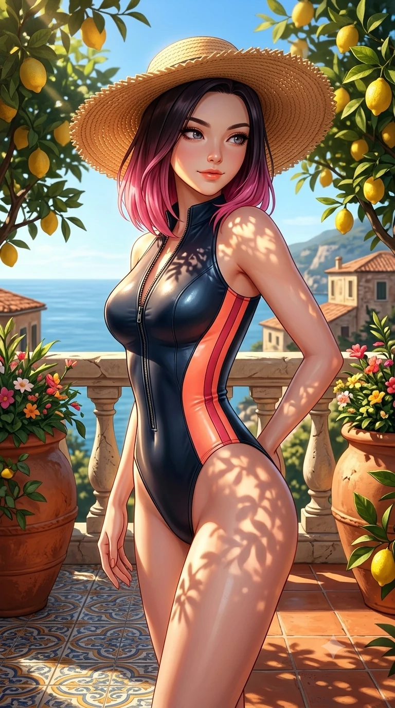 score_9, masterpiece, best quality, ultra-detailed, high-budget anime keyframe, semi-realistic 3D game render, editorial fashion photography, tasteful artistic composition, Korean woman. close-up cowboy shot from the waist and thighs up, the character dominates the composition, filling the frame with her large presence. twisting her slender torso in a deep contrapposto stance, hips dramatically shifted to accentuate her feminine curves while looking past her shoulder with smoldering bedroom-eyes while twisting her slender torso in an alluring S-curve between terracotta flower urns, dappled citrus leaf shadows tracing her flat midriff and hourglass curves. The surrounding environment is rendered in vivid detail and crisp panoramic clarity: sharp rough lemon rind texture, carved limestone balustrade chisel marks, and majolica ceramic tile patterns in deep focus. She has an exceptionally elegant, slender, and willowy female figure with an ultra-slim waist, flat toned midriff, narrow ribcage, and sculpted feminine hips creating an alluring, slim hourglass silhouette without bulk. sharp v-shaped jawline, high-bridge nose, sparkling eyes with hypnotic seductive depth, thick curled eyelashes, glossy parted lips with a natural dewy peach sheen, alluring bedroom-eyes with an enchanting coquettish smile, exuding magnetic siren charisma and sophisticated glamour, flawlessly proportioned anatomical accuracy, strict slender model proportions, natural body alignment, perfectly sculpted long slender limbs, ultra-slim waistline, clean dynamic posture without body distortion. wearing a form-contouring wet-look neoprene zip-front surfing bodysuit with high-cut leg openings and racing side stripes in blazing sunset peach and deep coral crimson, tailored from crisp high-density nautical cotton poplin with pristine structural hold, finished with a wide-brimmed woven straw sunhat tipped back to frame her face and long glossy hair, the bespoke structured tailoring following the natural line of her 8.5-heads silhouette with refined elegance. illuminated by terracotta tiled floor bounce and sharp lemon-gold rim lights defining her razor-sharp jawline, narrow waist, and curvy hips. highly saturated vibrant anime colors, detailed shading with soft gradients, rich glossy textures, high-contrast stereoscopic depth, volumetric dynamic lighting, master piece, 9:16 ratio
