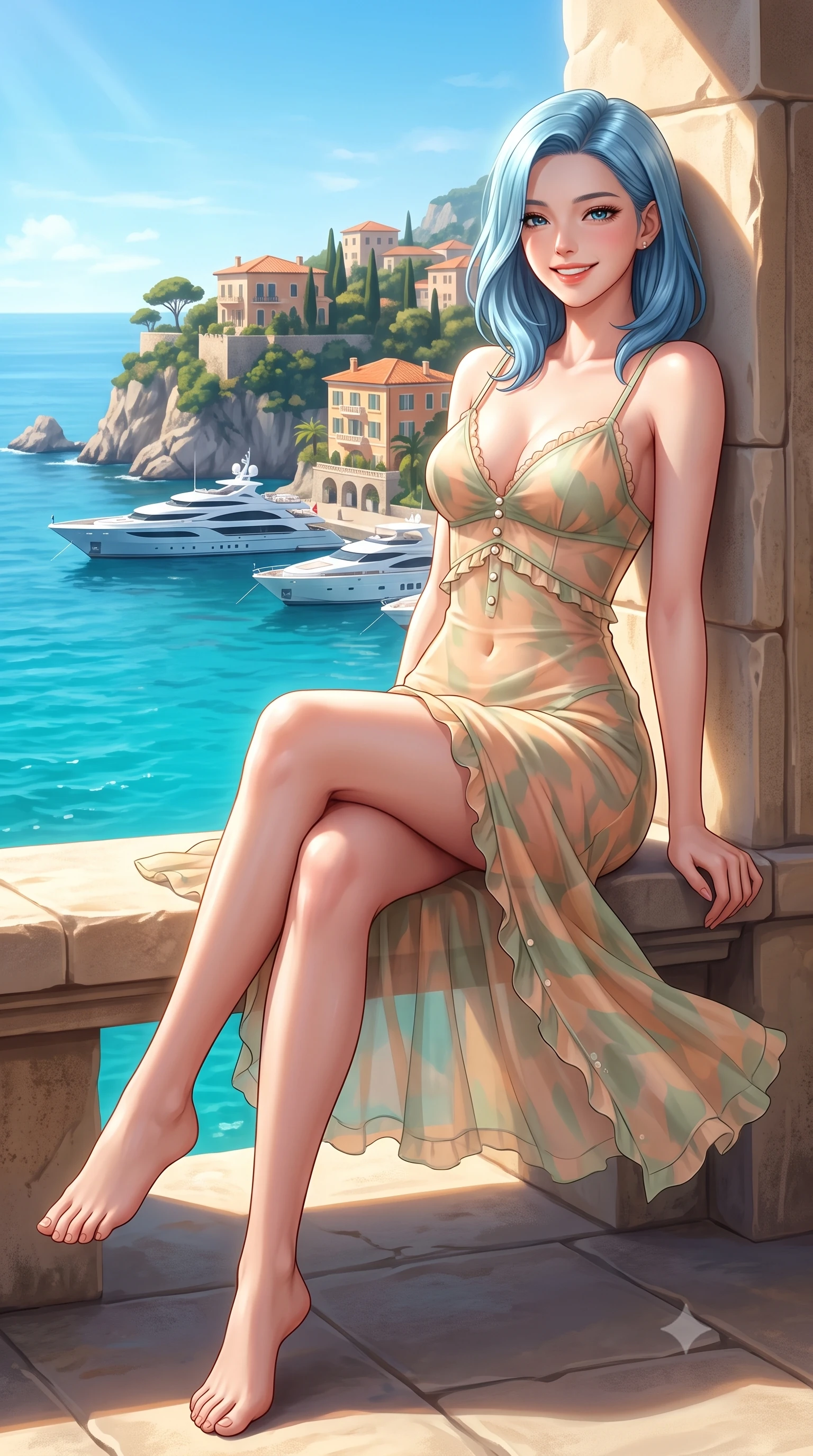 score_9, masterpiece, best quality, ultra-detailed, high-budget anime keyframe, semi-realistic 3D game render, editorial fashion photography, tasteful artistic composition, Korean woman. low angle full-body shot from head to toe showing her feet, filling the entire 9:16 vertical frame with her statuesque presence, stretching her vertical silhouette. leaning deep against the sunlit architecture with hips cocked back in a cute yet unapologetically alluring high-fashion stance, flashing a warm beaming smile while sitting perched on a sunlit stone bench with legs crossed, her flat midriff and feminine hips highlighted against the turquoise Mediterranean abyss. The surrounding environment is rendered in vivid detail and crisp panoramic clarity. detailed resort couture fabric sheen, sea mist specular highlights on skin, and Monaco coastline in high resolution. She has an exceptionally tall and slender model-like 8.5-heads proportion, an ultra-slim waist, a flat toned midriff, narrow delicate ribcage, and beautifully sculpted feminine hips creating a graceful, slim hourglass silhouette without any bulky heaviness, with impossibly long slender legs. sharp v-shaped jawline, high-bridge nose, intricate jewel-like sparkling eyes with depth, thick eyelashes, glossy parted lips with a natural peach sheen, bright cheerful beaming smile with an enchanting and coquettish sensual glint, exuding both youthful cute charm and seductive allure, flawlessly proportioned anatomical accuracy, strict slender model proportions, natural body alignment, perfectly sculpted long slender limbs, ultra-slim waistline, clean dynamic posture without body distortion. wearing a delicate semi-sheer chiffon sun-slip dress layered over a matching pastel bralette, hugging her slender waist and hips in soft apricot and sage green, tailored from fine lightweight chiffon that flutters gently in the breeze, finished with subtle ruffle trims and delicate pearl buttons, the liquid-tight tailored fabric clinging flawlessly to her narrow waist and rounded feminine hips, emphasizing every millimeter of her sculpted slim hourglass curves without any bulky heaviness. illuminated by radiant turquoise sea bounce fill sharply carving her razor-sharp jawline, narrow waist, and curvy hips. highly saturated vibrant anime colors, detailed shading with soft gradients, rich glossy textures, high-contrast stereoscopic depth, volumetric dynamic lighting, master piece, 9:16 ratio