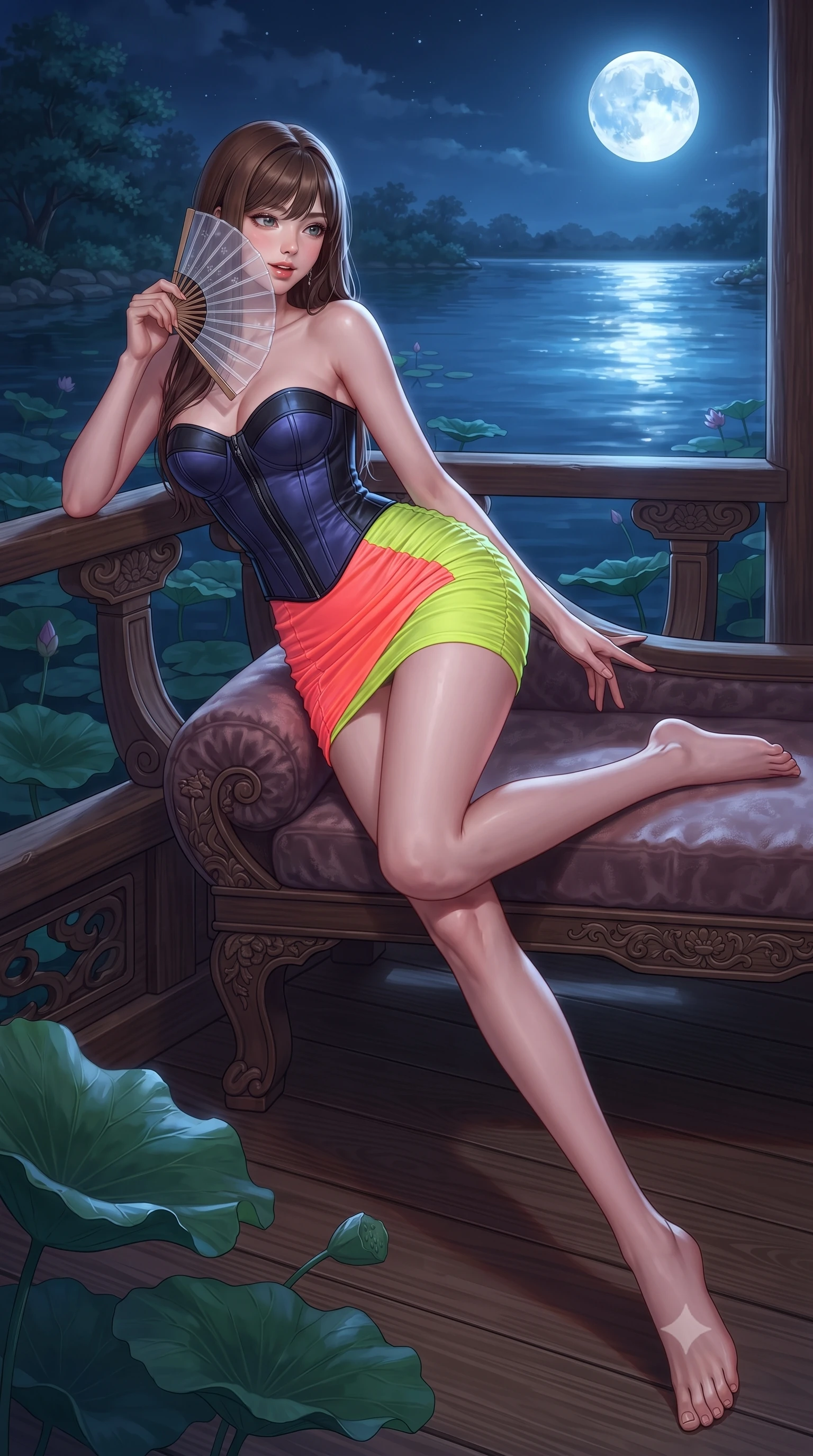 score_9, masterpiece, best quality, ultra-detailed, high-budget anime keyframe, editorial fashion photography, tasteful artistic composition, Korean woman. low angle full-body shot from head to toe showing her feet, filling the entire 9:16 vertical frame with her statuesque presence, stretching her vertical silhouette. reclining gracefully across the plush chaise lounge with one leg extended, her sculpted silhouette and flat midriff radiating magnetic nocturnal glamour while leaning against the carved wooden pavilion balustrade with hips cocked back, looking over a bare shoulder toward the luminous harvest moon mirrored on the water. The surrounding environment is rendered in vivid detail and crisp panoramic clarity: sharp carved wood grain texture, water ripple reflections of the full moon, and crisp lotus leaf veins in deep focus. She has an absolutely perfect, statuesque 8.5-heads proportion, an exceptionally tall and slender model-like female figure with impossibly long slender legs, an ultra-slim waist, a flat toned midriff, narrow delicate ribcage, and beautifully sculpted feminine hips creating a graceful, slim hourglass silhouette without any bulky heaviness. sharp v-shaped jawline, high-bridge nose, sparkling eyes with hypnotic seductive depth, thick curled eyelashes, glossy parted lips with a natural dewy peach sheen, alluring bedroom-eyes with an enchanting coquettish smile, exuding magnetic siren charisma and sophisticated glamour, flawlessly proportioned anatomical accuracy, strict slender model proportions, natural body alignment, perfectly sculpted long slender limbs, ultra-slim waistline, clean dynamic posture without body distortion. wearing a structured boned leatherette corset top paired with an ultra-short ruched neon mini skirt in dual-tone high-contrast neon monochrome, woven from buttery-soft stretch lambskin leather adhering to her body like a second skin, finished with a transparent silk folding fan held gracefully near her glossy parted lips, the liquid-tight tailored fabric clinging flawlessly to her narrow waist and rounded feminine hips, emphasizing every millimeter of her sculpted slim hourglass curves without any bulky heaviness. illuminated by pond surface moonbeam bounce and sharp platinum rim lights sculpting her razor-sharp jawline, narrow waist, and curvy hips. ultra-reflective glossy finish, specular highlights, rich textural contrasts, high-contrast stereoscopic depth, volumetric dynamic lighting, 2k, ultra detail, master piece, 9:16 ratio