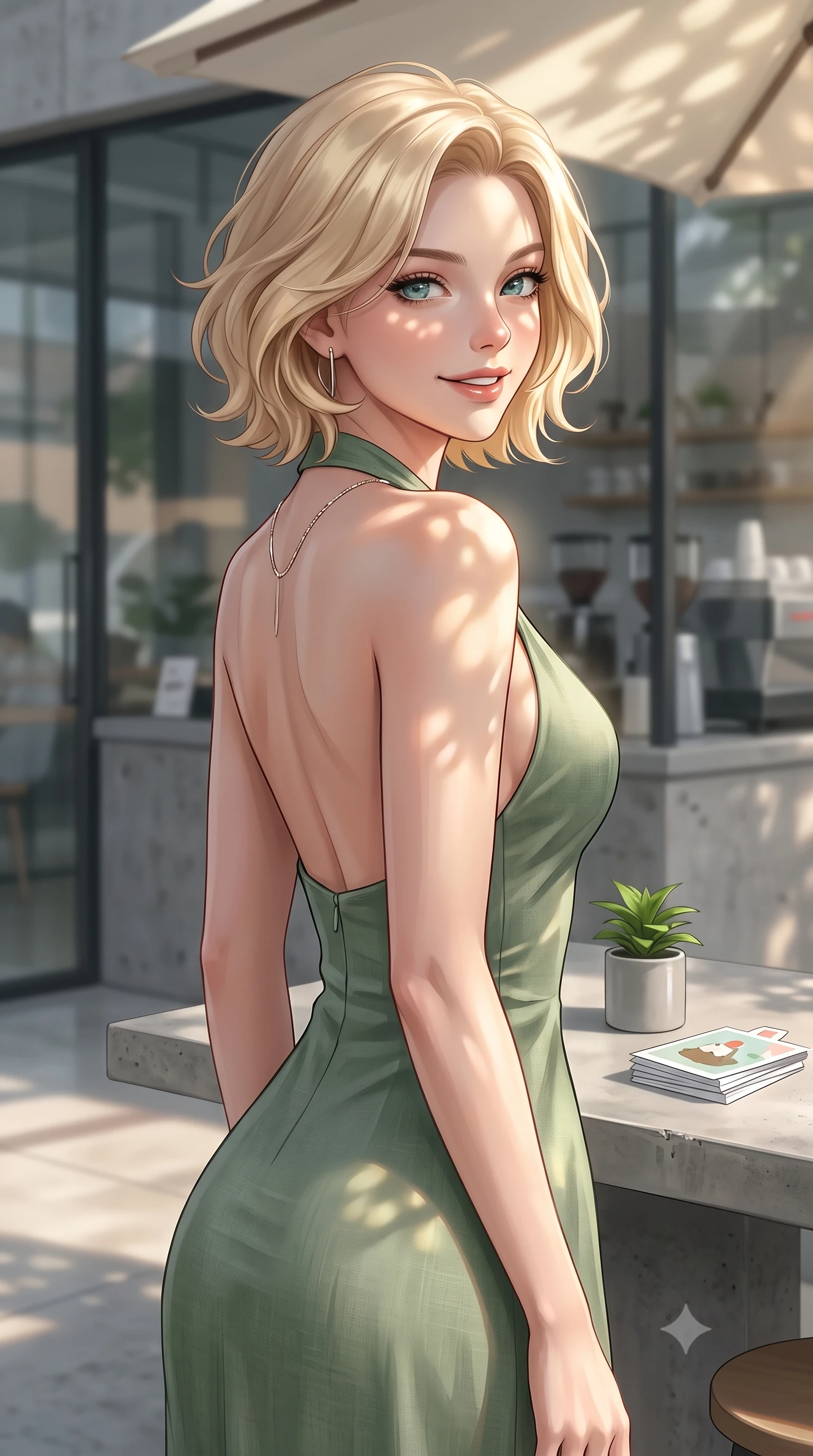 score_9, masterpiece, best quality, ultra-detailed, high-budget anime keyframe, editorial fashion photography, tasteful artistic composition, Caucasian woman. close-up cowboy shot from the waist and thighs up, the character dominates the composition, filling the frame with her large presence, background elements kept in soft focus. smiling with a playful and cute half-smile, glancing sidelong over her shoulder set against a soft-focus background of inside a modern minimalist espresso bar with sleek glass windows and concrete counters with a small green plant and a stack of cute design postcards on the table. She has an exceptionally elegant, slender, and willowy female figure with an ultra-slim waist, a gracefully sculpted slender torso, and a refined silhouette. sharp v-shaped jawline, high-bridge nose, intricate jewel-like eyes with depth, thick eyelashes, glossy lips with a natural sheen. wearing tailored backless linen halter dress in sage green, showing her elegant shoulder lines. dappled sunlight filtering through the outdoor awning onto her face. ultra-reflective glossy finish, specular highlights, metallic sheen, high-contrast stereoscopic depth, volumetric dynamic lighting, 2k, ultra detail, master piece, 9:16 ratio