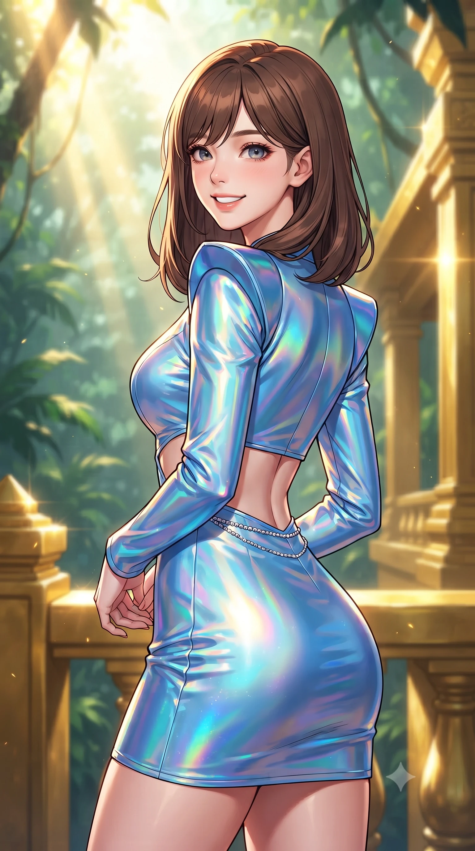 score_9, masterpiece, best quality, ultra-detailed, high-budget anime keyframe, editorial fashion photography, tasteful artistic composition, gorgeous anime illustration, with clean line-art, distinct ink outlines, and high-contrast stereoscopic depth, Korean woman. close-up cowboy shot from the waist and thighs up, the character dominates the composition, filling the frame with her large presence, background elements kept in soft focus. Looking over her shoulder with a bright, welcoming smile and happy eyes. set against a soft-focus background of standing on a balcony of a temple constructed from solid, highly polished gold hidden deep within a misty green tropical jungle, reflecting bright sun rays off the golden surfaces. She has an exceptionally elegant, slender, and willowy female figure with a highly-defined ultra-slim waist, a gracefully sculpted slender torso, and a refined slim-fit silhouette that contours her form. sharp v-shaped jawline, high-bridge nose, intricate jewel-like eyes with depth, thick eyelashes, glossy lips with a natural sheen. wearing a holographic mini dress in electric blue, featuring structured shoulder pads, an exposed midriff, and a silver waist chain. intense golden solar beams piercing through the jungle canopy, casting bright metallic specular highlights on the gold structures. 2k, ultra detail, master piece, 9:16 ratio, highly saturated vibrant anime colors, detailed cel-shading with soft gradients, rich glossy textures, deep contrast, volumetric dynamic lighting, 2d animation style