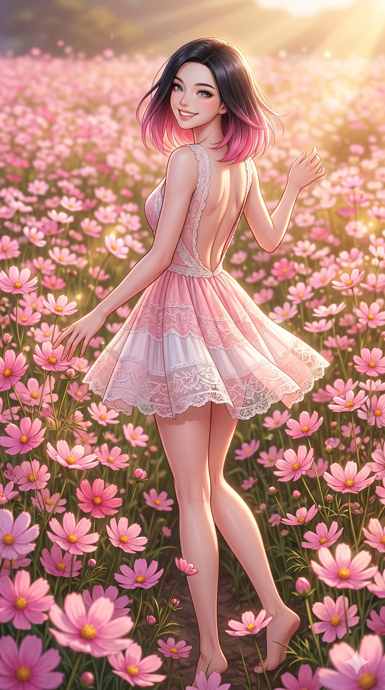 score_9, masterpiece, best quality, ultra-detailed, high-budget anime keyframe, editorial fashion photography, tasteful artistic composition, Korean woman. cowboy shot from the thighs up, character and outfit filling the frame for maximum editorial presence. turning around with a bright, happy grin, her eyes sparkling with joy walking along a field of pink cosmos flowers under a sunny sky. She has an absolutely perfect 8-heads proportion, an exceptionally tall and slender female figure with impossibly long slender legs and an ultra-slim waist. V-shaped jawline, high-bridge nose, intricate jewel-like eyes with depth, thick eyelashes, glossy lips with a natural sheen. wearing a pink and white summer dress with a scooped open back and lace details. bathed in warm afternoon sunbeams filtering through the flowers, creating a soft glow. 2k, ultra detail, master piece, 9:16 ratio