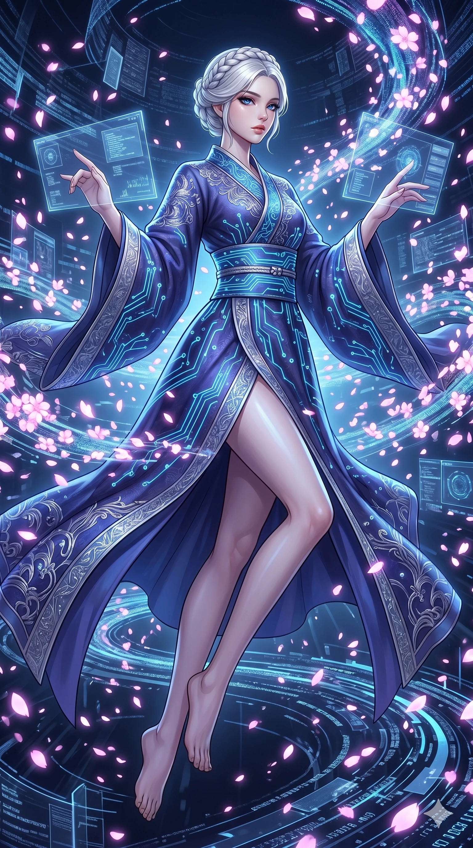 score_9, masterpiece, best quality, ultra-detailed, Set A: High-budget Anime Keyframe, Korean woman. Low angle cowboy shot filling the entire 9:16 frame with her statuesque presence. Floating through a virtual reality void, as gravity fails and everything around her floats in state 56 and surrounded by digital sakura petals. She has an absolutely perfect 8-heads proportion, an exceptionally tall and slender female figure with impossibly long slender legs and an ultra-slim waist. Sharp v-shaped jawline, high-bridge nose, intricate jewel-like eyes with depth, thick eyelashes, glossy lips with a natural sheen. Wearing Traditional silk robe with a modern tech-twist, featuring glowing circuit patterns. Cinematic lighting, vibrant colors, dramatic shadows, 2k, ultra detail, master piece, 9:16 ratio