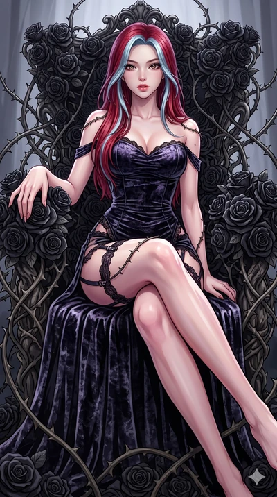 score_9, masterpiece, best quality, ultra-detailed, High-budget Anime Keyframe, East Asian woman. Dynamic full-body shot stretching the vertical silhouette to the limit. Scenario 20: Resting on a throne of black roses, thorns grazing her skin. Her pr
