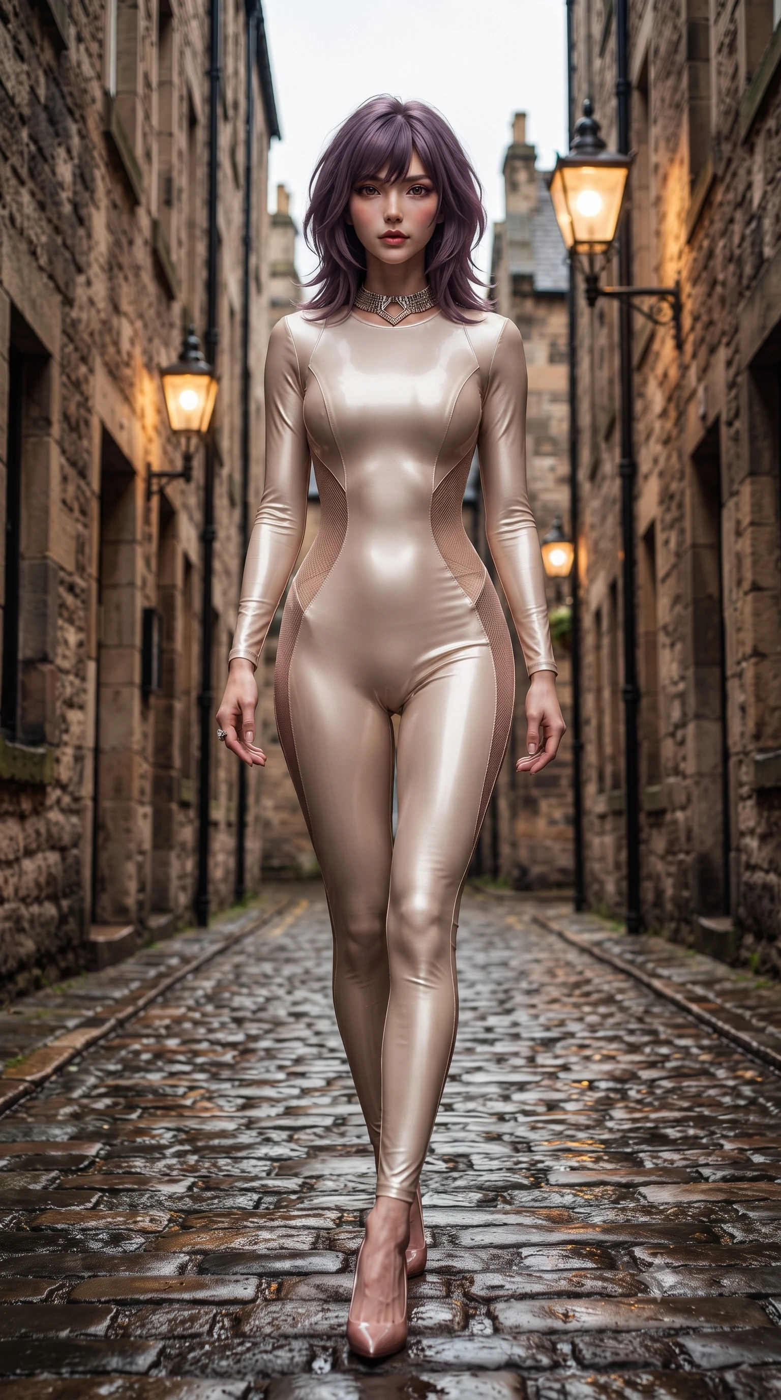 score_9, masterpiece, best quality, ultra-detailed, high-budget anime keyframe, editorial fashion photography, tasteful artistic composition, Japanese woman. low angle full-body shot from head to toe showing her feet, filling the entire 9:16 vertical frame with her statuesque presence, stretching her vertical silhouette. striding forward in a proud supermodel runway stride, hips swaying in an alluring kinetic rhythm that accentuates her curvy hourglass silhouette while descending the steep, narrow cobblestone close between ancient stone tenements, arching her back with sovereign poise under glowing gas street lamps. The surrounding environment is rendered in vivid detail and crisp panoramic clarity. sharp wet cobblestone textures, ancient sandstone masonry joints, and gas lamp glass clarity in deep focus. She has an exceptionally tall and slender model-like 8.5-heads proportion, an ultra-slim waist, a flat toned midriff, narrow delicate ribcage, and beautifully sculpted feminine hips creating a graceful, slim hourglass silhouette without any bulky heaviness, with impossibly long slender legs. sharp v-shaped jawline, high-bridge nose, intricate jewel-like eyes with depth, thick eyelashes, glossy parted lips with a natural sheen, intensely captivating and seductive bedroom-eyes expression, flawlessly proportioned anatomical accuracy, strict slender model proportions, natural body alignment, perfectly sculpted long slender limbs, ultra-slim waistline, clean dynamic posture without body distortion. wearing a second-skin compression catsuit with an open back and sheer mesh side waist contouring in vintage champagne ivory and delicate rose gold, tailored from second-skin aerodynamic stretch vinyl with specular wet sheen, complemented by a bold geometric choker and sparkling cocktail ring, the second-skin form-contouring cut accentuating her sculpted flat midriff, narrow delicate ribcage, and gracefully curvy hips with supermodel precision. illuminated by wet stone specular bounce light sharply defining her sculpted cheekbones, ultra-slim waist, and curvy hips. ultra-reflective glossy finish, specular highlights, rich textural contrasts, high-contrast stereoscopic depth, volumetric dynamic lighting, 2k, ultra detail, master piece, 9:16 ratio