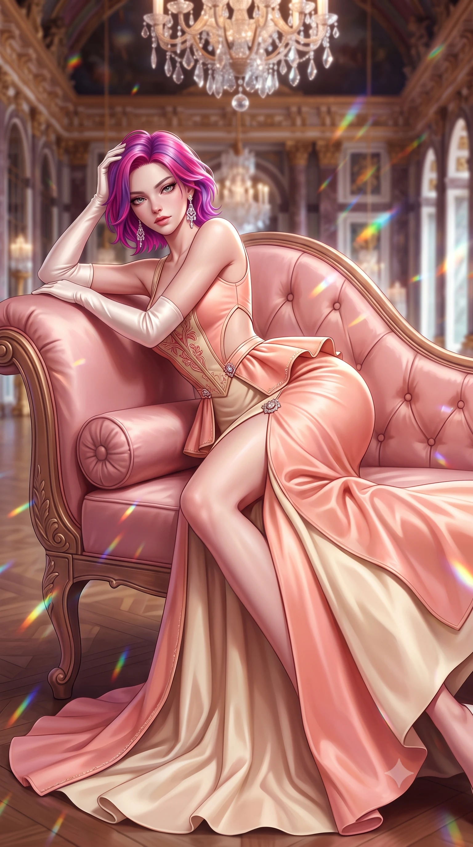 score_9, masterpiece, best quality, ultra-detailed, high-budget anime keyframe, semi-realistic 3D game render, editorial fashion photography, tasteful artistic composition, Caucasian woman. low angle full-body shot from head to toe showing her feet, filling the entire 9:16 vertical frame with her statuesque presence, stretching her vertical silhouette. reclining on her side in an elegant Cleopatra pose with one knee drawn up, the dramatic contour of her rounded hips and long slender legs commanding the 9:16 vertical frame while reclining on an antique blush silk chaise lounge with one knee drawn up, the dramatic contour of her rounded hips commanding the frame. The composition keeps background elements in soft focus with creamy bokeh. sparkling chandelier prism refractions scattering dancing rainbow light motes across the hall. She has an absolutely perfect, statuesque 8.5-heads proportion, an exceptionally tall and slender model-like female figure with impossibly long slender legs, a toned flat midriff, an ultra-slim waist, and beautifully sculpted feminine hips. sharp v-shaped jawline, high-bridge nose, intricate jewel-like eyes with depth, thick eyelashes, glossy parted lips with a natural sheen, intensely captivating and seductive bedroom-eyes expression, flawlessly proportioned anatomical accuracy, strict slender model proportions, natural body alignment, perfectly sculpted long slender limbs, ultra-slim waistline, clean dynamic posture without body distortion. wearing a modern Marie Antoinette peplum gown with side-waist diamond cutouts and hip-cinching boning in soft peach blossom pink and warm cream, crafted from second-skin supple lambskin leather with specular sheen, accessorized with opera-length white satin gloves and sparkling chandelier earrings, the precision-cut side openings and low-back scoop framing her graceful spine and the sensual sweep of her hips. surrounded by an aristocratic, scandalous, and breathlessly mesmerizing imperial duchess aura. highly saturated vibrant anime colors, detailed shading with soft gradients, rich glossy textures, high-contrast stereoscopic depth, volumetric dynamic lighting, master piece, 9:16 ratio