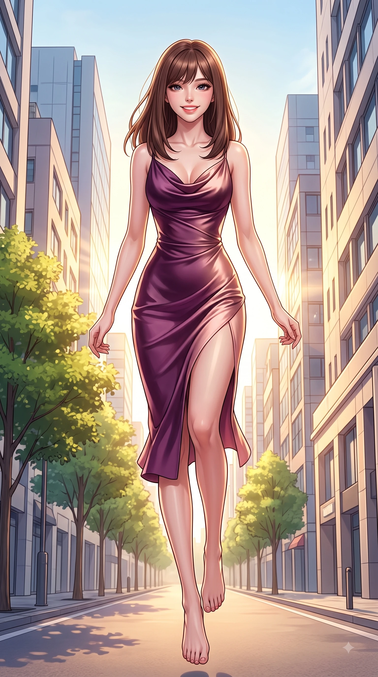 score_9, masterpiece, best quality, ultra-detailed, high-budget anime keyframe, editorial fashion photography, tasteful artistic composition, Korean woman. low angle full-body shot from head to toe showing her feet, filling the entire 9:16 vertical frame with her statuesque presence, stretching her vertical silhouette. leaping with pure youthful energy through the scene with a radiant bright smile, her long slender legs balanced gracefully while stepping along a quiet tree-lined fashion avenue with an effortless statuesque posture. The surrounding environment is rendered in vivid detail and crisp panoramic clarity. bright afternoon sunbeams filtering between chic urban buildings with vivid environmental sharpness. She has an absolutely perfect, statuesque 8.5-heads proportion, an exceptionally tall and slender model-like female figure with impossibly long slender legs and an ultra-slim waist. sharp v-shaped jawline, high-bridge nose, intricate jewel-like eyes with depth, thick eyelashes, glossy lips with a natural sheen, flawlessly proportioned anatomical accuracy, natural body alignment, perfectly sculpted elegant limbs, clean dynamic posture without body distortion. wearing an elegant cowl-neck silk satin midi dress with a graceful draped neckline in rich plum purple and rose gold, crafted from smooth liquid silk satin, accented with a Tasteful chest slit framing her clavicle gracefully, the sleek second-skin texture accentuating her magnetic presence. bathed in brilliant golden hour sunshine and warm urban ambient illumination. highly saturated vibrant anime colors, detailed shading with soft gradients, rich glossy textures, high-contrast stereoscopic depth, volumetric dynamic lighting, master piece, 9:16 ratio
