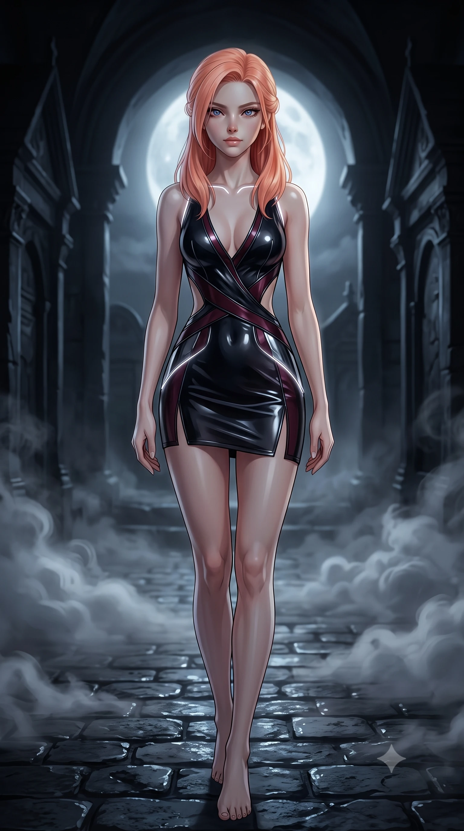 score_9, masterpiece, best quality, ultra-detailed, high-budget anime keyframe, semi-realistic 3D game render, editorial fashion photography, tasteful artistic composition, Japanese woman. close-up cowboy shot from the waist and thighs up, the character dominates the composition, filling the frame with her large presence. gazing directly into the lens with bedroom eyes and a breathtaking, dangerous allure that commands the entire dark composition while stepping along a damp cobblestone crypt pathway as thick silver ground mist curls around her bare legs. The surrounding environment is rendered in vivid detail and crisp panoramic clarity. vibrant contrast between eerie pale moonlight and deep nocturnal shadows in panoramic precision. She has an exceptionally elegant, slender, and willowy female figure with an ultra-slim waist, a gracefully sculpted slender torso, toned flat midriff, and a refined slim silhouette. sharp v-shaped jawline, high-bridge nose, intricate jewel-like eyes with depth, thick eyelashes, glossy lips with a natural sheen, flawlessly proportioned anatomical accuracy, strict slender model proportions, natural body alignment, perfectly sculpted long slender limbs, ultra-slim waistline, clean dynamic posture without body distortion. wearing a second-skin midnight black latex mini dress with a dramatic open-back design wrapping around her waist and a plunging neckline in deep burgundy wine and specular dark chrome, tailored from semi-translucent dark cybernetic vinyl with subtle glowing micro-filaments, accented with glowing fiber-optic seams tracing her collarbones and hip curves in the gloom, the precision-cut daring openings accentuating her delicate midriff, graceful bare collarbones, and ultra-slim feminine waistline. bathed in cool silver moonlight backlighting and dense misty ambient glow. rich saturated anime colors with deep moody shadows, detailed chiaroscuro shading with soft gradients, rich glossy textures, high-contrast stereoscopic depth, volumetric dynamic shadow lighting, master piece, 9:16 ratio