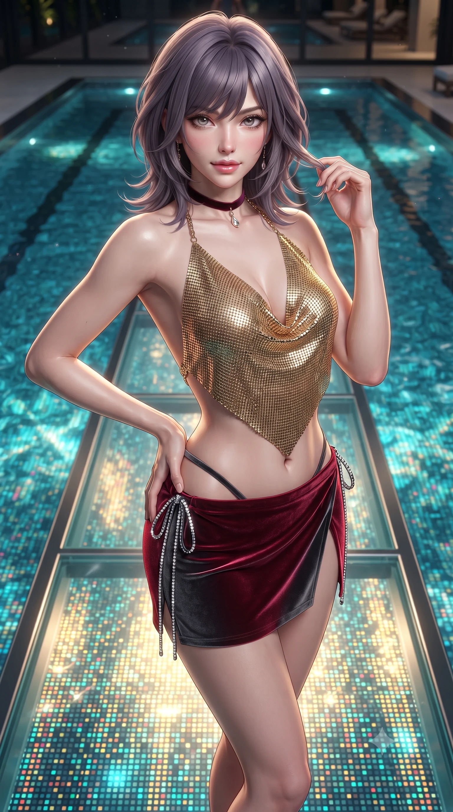 score_9, masterpiece, best quality, ultra-detailed, high-budget anime keyframe, editorial fashion photography, tasteful artistic composition, Japanese woman. close-up cowboy shot from the waist and thighs up, the character dominates the composition, filling the frame with her large presence. twisting her slender torso in an alluring contrapposto stance, one hand resting on her sculpted hip while her fingers toy with her hair with effortless poise while standing poised on the narrow transparent glass catwalk hovering over the illuminated pool, arching her spine with breathtaking daring. The surrounding environment is rendered in vivid detail and crisp panoramic clarity: sharp digital screen sub-pixel patterns under water, glass catwalk tread edges, and polished titanium coping in deep focus. She has an exceptionally elegant, slender, and willowy female figure with an ultra-slim waist, flat toned midriff, narrow ribcage, and sculpted feminine hips creating an alluring, slim hourglass silhouette without bulk. sharp v-shaped jawline, high-bridge nose, sparkling eyes with hypnotic seductive depth, thick curled eyelashes, glossy parted lips with a natural dewy peach sheen, alluring bedroom-eyes with an enchanting coquettish smile, exuding magnetic siren charisma and sophisticated glamour, flawlessly proportioned anatomical accuracy, strict slender model proportions, natural body alignment, perfectly sculpted long slender limbs, ultra-slim waistline, clean dynamic posture without body distortion. wearing a liquid gold chainmail cowl halter top paired with an ultra-low-rise velvet mini skirt and side rhinestone ties in rich cherry lacquer and smoky charcoal, crafted from fluid liquid silk satin that clings smoothly to every curve with a dewy sheen, finished with a thin velvet ribbon choker and a single teardrop diamond pendant, the high-slit wrap tailoring accentuating her ultra-slim waistline and the enchanting curve of her feminine hips with alluring seductive charm. bathed in brilliant golden and cyan light radiating upward from the submerged high-resolution digital pool floor. ultra-reflective glossy finish, specular highlights, rich textural contrasts, high-contrast stereoscopic depth, volumetric dynamic lighting, 2k, ultra detail, master piece, 9:16 ratio