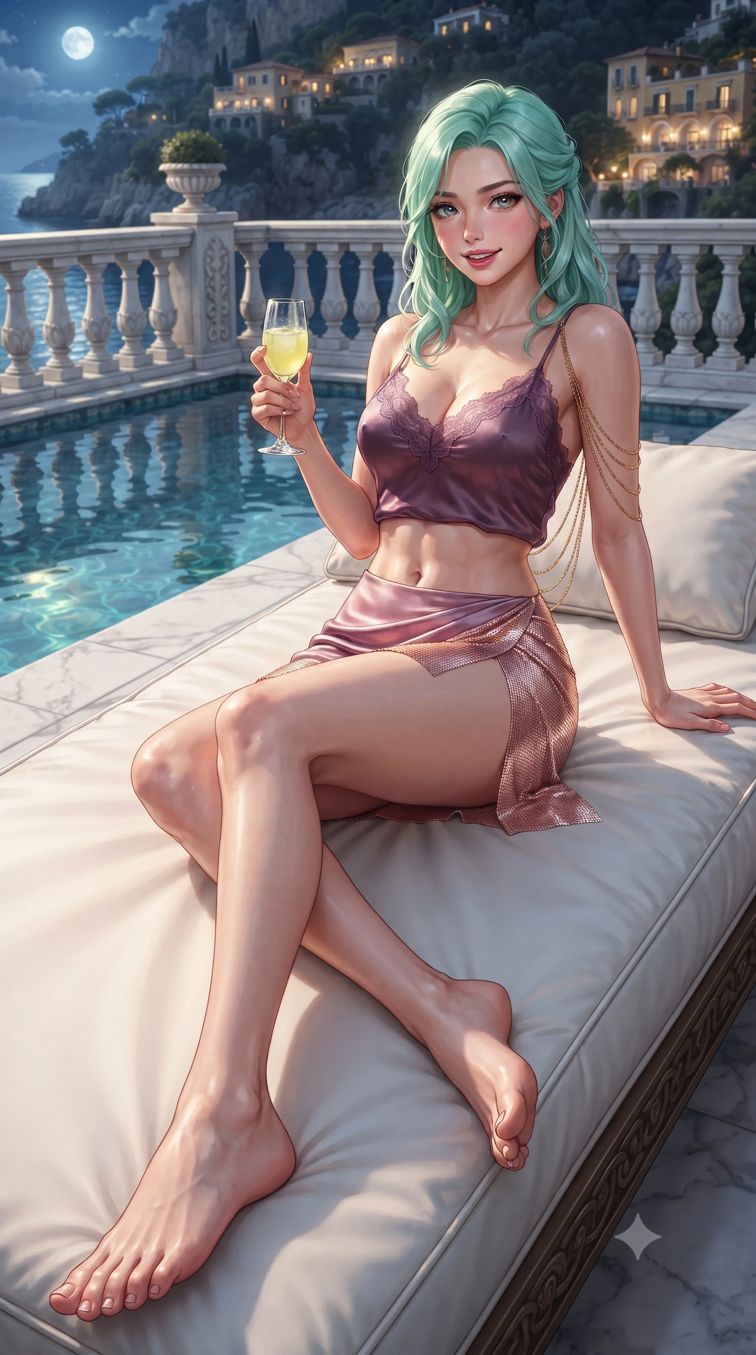 score_9, masterpiece, best quality, ultra-detailed, high-budget anime keyframe, editorial fashion photography, tasteful artistic composition, Japanese woman. low angle full-body shot from head to toe showing her feet, filling the entire 9:16 vertical frame with her statuesque presence, stretching her vertical silhouette. lounging on the lavish daybed with legs crossed and hips angled toward the camera, displaying her toned midriff and long slender limbs with effortless siren poise while lounging gracefully on the white leather daybed with legs extended, holding a glass of chilled Limoncello with an irresistible, parted-lip smile. The surrounding environment is rendered in vivid detail and crisp panoramic clarity: sharp Italian white Carrara marble pool coping, carved balustrade acanthus leaves, and crystal glass clarity in deep focus. She has an absolutely perfect, statuesque 8.5-heads proportion, an exceptionally tall and slender model-like female figure with impossibly long slender legs, an ultra-slim waist, a flat toned midriff, narrow delicate ribcage, and beautifully sculpted feminine hips creating a graceful, slim hourglass silhouette without any bulky heaviness. sharp v-shaped jawline, high-bridge nose, sparkling eyes with hypnotic seductive depth, thick curled eyelashes, glossy parted lips with a natural dewy peach sheen, alluring bedroom-eyes with an enchanting coquettish smile, exuding magnetic siren charisma and sophisticated glamour, flawlessly proportioned anatomical accuracy, strict slender model proportions, natural body alignment, perfectly sculpted long slender limbs, ultra-slim waistline, clean dynamic posture without body distortion. wearing a delicate lace-trimmed silk camisole paired with a draped satin tulip mini skirt with high side slit in deep plum violet and rose gold, crafted from shimmering fluid chainmail mesh reflecting ambient lights, accented with an open-back drape framed by falling strands of delicate gold chains, the glove-like clinging cut tightly following the natural contour of her hips and long slender legs with youthful 8.5-heads elegance. bathed in warm golden ambient glow spilling from cliffside villas mixed with cool silver Mediterranean moonlight. ultra-reflective glossy finish, specular highlights, rich textural contrasts, high-contrast stereoscopic depth, volumetric dynamic lighting, 2k, ultra detail, master piece, 9:16 ratio