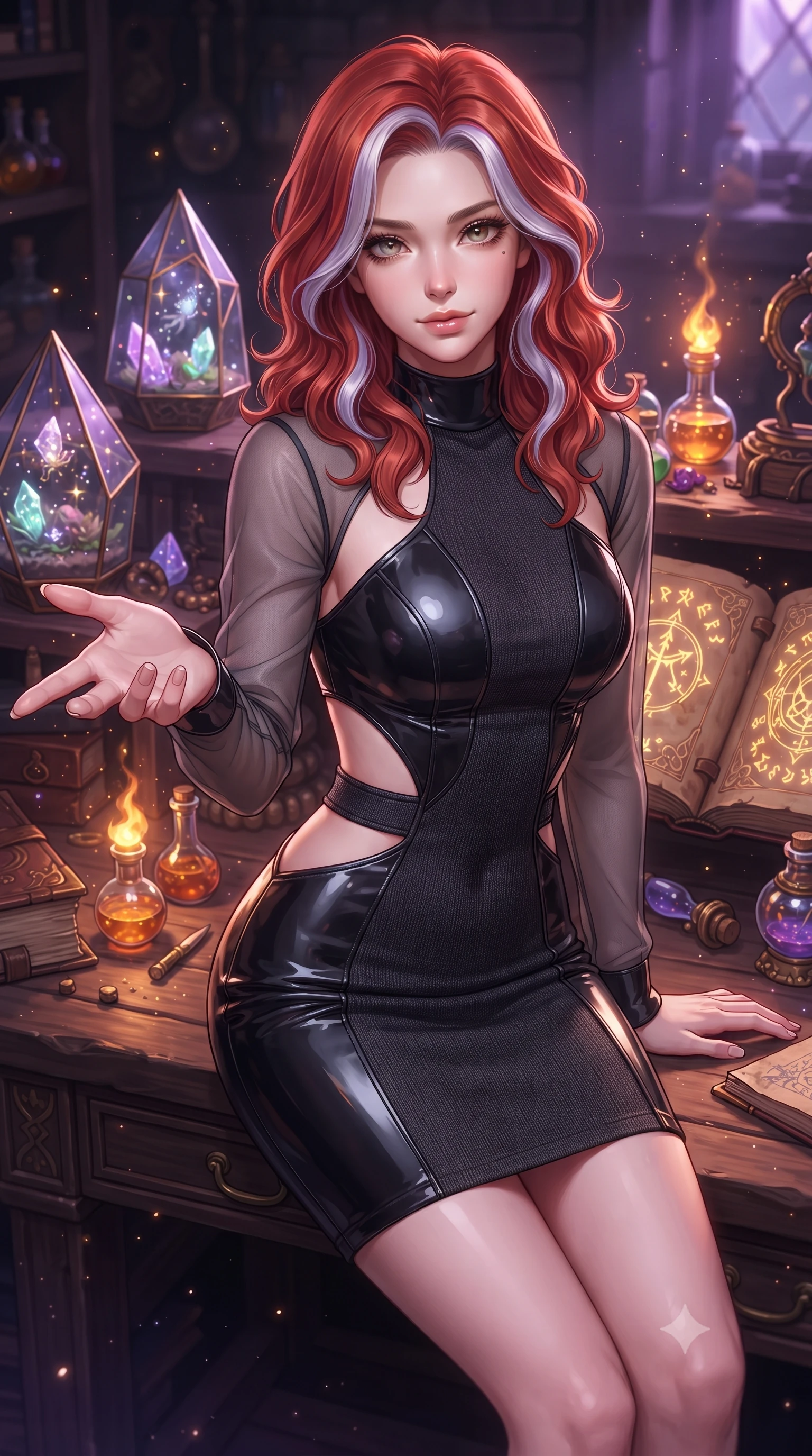 score_9, masterpiece, best quality, ultra-detailed, high-budget anime keyframe, editorial fashion photography, tasteful artistic composition, Caucasian woman. close-up cowboy shot from the waist and thighs up, the character dominates the composition, filling the frame with her large presence, background elements kept in soft focus. Reaching one hand gracefully toward the viewer with effortless superiority and allure resting on an antique wooden workbench surrounded by glowing crystal terrariums, leather-bound grimoires with glowing gold arcane runes open nearby. She has an exceptionally elegant, slender, and willowy female figure with an ultra-slim waist, a gracefully sculpted slender torso, and a refined silhouette. sharp v-shaped jawline, high-bridge nose, intricate jewel-like eyes with depth, thick eyelashes, glossy lips with a natural sheen. wearing a sleek bodycon knit dress with sheer organza sleeve panels in charcoal grey and platinum, tailored from high-gloss patent leather, featuring clean architectural cutouts along her slender torso, the form-contouring material highlighting her ultra-slim waist and long lines. illuminated by amber potion flames and sparkling spore highlights. highly saturated vibrant anime colors, detailed shading with soft gradients, rich glossy textures, high-contrast stereoscopic depth, volumetric dynamic lighting, master piece, 9:16 ratio