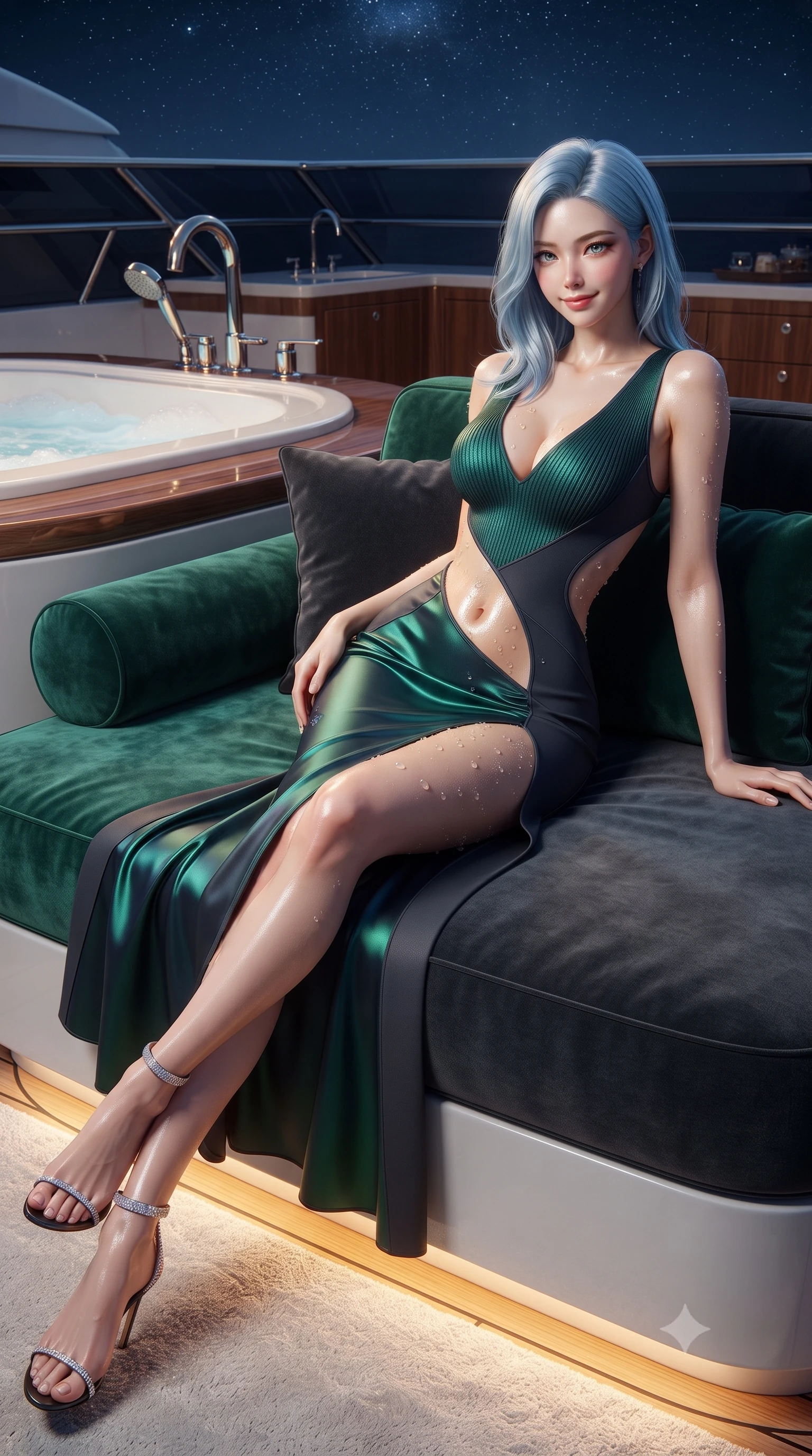 score_9, masterpiece, best quality, ultra-detailed, high-budget anime keyframe, editorial fashion photography, tasteful artistic composition, Korean woman. low angle full-body shot from head to toe showing her feet, filling the entire 9:16 vertical frame with her statuesque presence, stretching her vertical silhouette. reclining gracefully across the plush chaise lounge with one leg extended, her sculpted silhouette and flat midriff radiating magnetic nocturnal glamour while twisting her slender torso in an alluring contrapposto stance, warm bubbly water droplets beading across her flat midriff, waist, and hips. The surrounding environment is rendered in vivid detail and crisp panoramic clarity: detailed strappy wet-look lycra swimwear cling, dewy skin sheen, and bespoke yacht craftsmanship in razor-sharp precision. She has an absolutely perfect, statuesque 8.5-heads proportion, an exceptionally tall and slender model-like female figure with impossibly long slender legs, an ultra-slim waist, a flat toned midriff, narrow delicate ribcage, and beautifully sculpted feminine hips creating a graceful, slim hourglass silhouette without any bulky heaviness. sharp v-shaped jawline, high-bridge nose, sparkling eyes with hypnotic seductive depth, thick curled eyelashes, glossy parted lips with a natural dewy peach sheen, alluring bedroom-eyes with an enchanting coquettish smile, exuding magnetic siren charisma and sophisticated glamour, flawlessly proportioned anatomical accuracy, strict slender model proportions, natural body alignment, perfectly sculpted long slender limbs, ultra-slim waistline, clean dynamic posture without body distortion. wearing a plunging V-neck rib-knit sweater dress with an open-back scoop and daring side leg slit in iridescent emerald satin and dark charcoal velvet, tailored from fine structural neoprene with crisp architectural edges and smooth contouring, complemented by strappy stiletto sandals with crystal ankle wraps accentuating her slender calves, the second-skin tailored fabric adhering flawlessly to her sculpted flat midriff and slender torso, emphasizing her long leg lines and perfectly proportioned willowy build. bathed in warm 3000K underwater tub illumination paired with celestial Caribbean starlight fill. ultra-reflective glossy finish, specular highlights, rich textural contrasts, high-contrast stereoscopic depth, volumetric dynamic lighting, 2k, ultra detail, master piece, 9:16 ratio