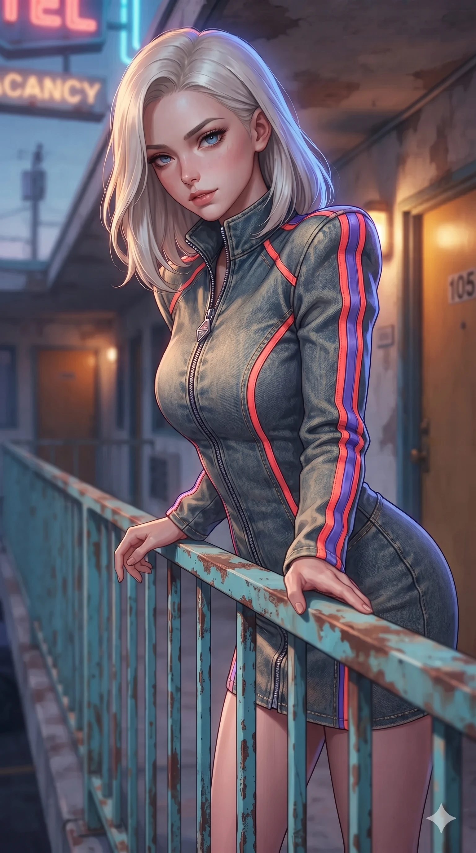 score_9, masterpiece, best quality, ultra-detailed, high-budget anime keyframe, editorial fashion photography, tasteful artistic composition, Caucasian woman. close-up cowboy shot from the waist and thighs up, the character dominates the composition, filling the frame with her large presence. arching her spine backward with effortless dancer poise, one hand sliding along her hip line as directional light carves specular highlights along her silhouette while leaning over the turquoise metal balcony railing with hips cocked back, looking down with sleepy seductive bedroom-eyes as neon light paints her silhouette. The background shows a soft-focus retro motel exterior corridor softened in mid-century architectural shallow focus. She has an exceptionally elegant, slender, and willowy female figure with an ultra-slim waist, flat toned midriff, narrow ribcage, and sculpted feminine hips creating an alluring, slim hourglass silhouette without bulk. sharp v-shaped jawline, high-bridge nose, sparkling eyes with hypnotic seductive depth, thick curled eyelashes, glossy parted lips with a natural dewy peach sheen, alluring bedroom-eyes with an enchanting coquettish smile, exuding magnetic siren charisma and sophisticated glamour, flawlessly proportioned anatomical accuracy, strict slender model proportions, natural body alignment, perfectly sculpted long slender limbs, ultra-slim waistline, clean dynamic posture without body distortion. wearing a sleek high-collar zip-up biker jacket dress with structured shoulders and racing stripe accents in blazing neon coral and desert twilight violet, woven from bespoke sun-bleached selvedge denim with rich tactile slub texture, accented with authentic engraved silver concho medallions and turquoise cabochons, the bespoke structured tailoring following the natural line of her 8.5-heads silhouette with refined elegance. bathed in the moody, nostalgic contrast of warm amber door lights and ambient cool twilight neon filtering from the courtyard. ultra-reflective glossy finish, specular highlights, rich textural contrasts, high-contrast stereoscopic depth, volumetric dynamic lighting, 2k, ultra detail, master piece, 9:16 ratio