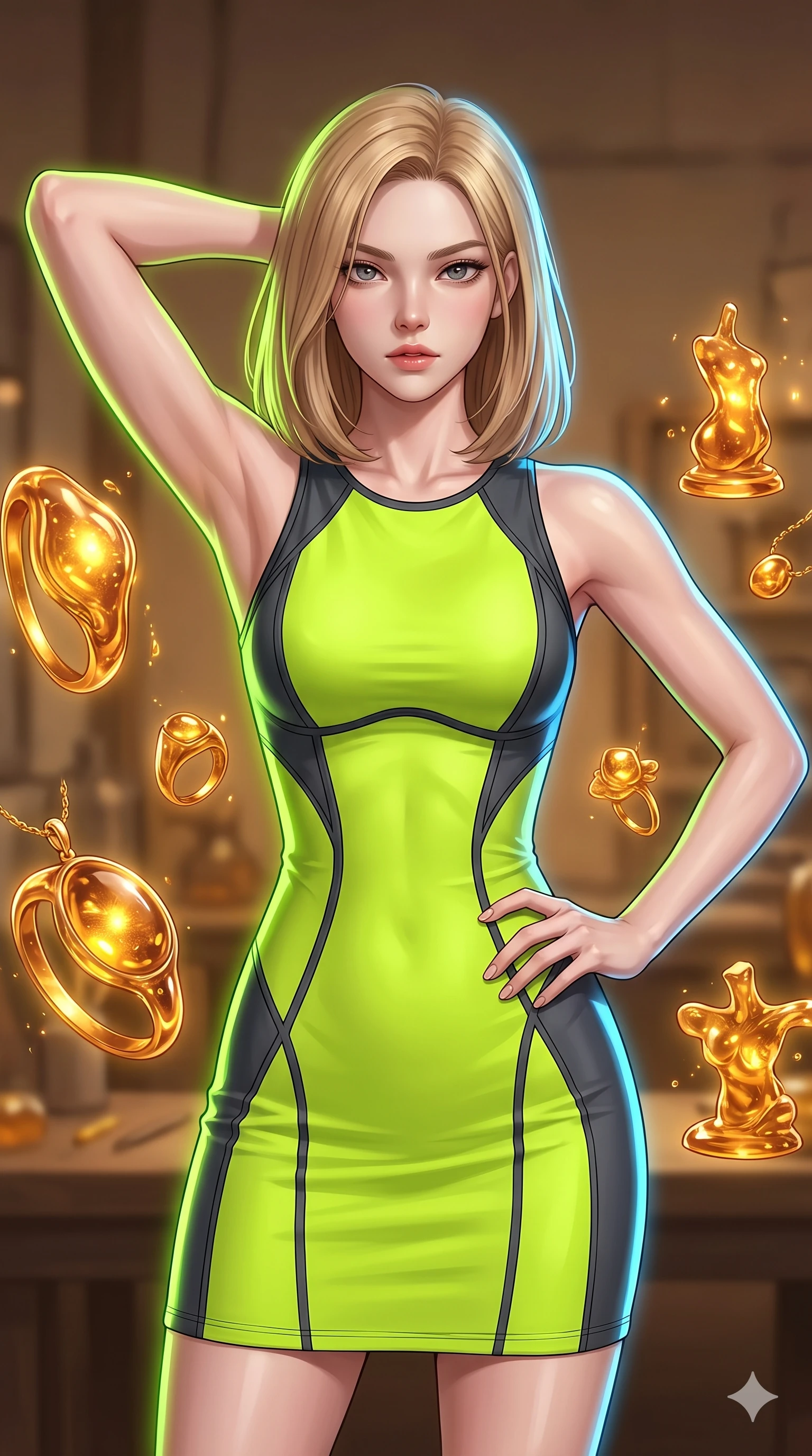 score_9, masterpiece, best quality, ultra-detailed, high-budget anime keyframe, editorial fashion photography, tasteful artistic composition, Korean woman. close-up cowboy shot from the waist and thighs up, the character dominates the composition, filling the frame with her large presence, background elements kept in soft focus. Placing one hand behind her head with confident body language and a direct stare. set against a soft-focus background of an artisan workshop where liquid amber is shaped mid-air by invisible hands into intricate jewelry and miniature sculptures each piece trapping golden light within its translucent honey-colored form. She has an exceptionally elegant and slender, willowy female figure with an ultra-slim waist, a gracefully sculpted slender torso, and a refined slim physique. sharp v-shaped jawline, high-bridge nose, intricate jewel-like eyes with depth, thick eyelashes, glossy lips with a natural sheen. wearing a form-fitting athletic-cut dress in a neon lime and charcoal colorway, with sculpted seams that trace and emphasize her narrow waistline. brilliant cinematic volumetric lighting with intense neon rim light outlining her form. 2k, ultra detail, master piece, 9:16 ratio