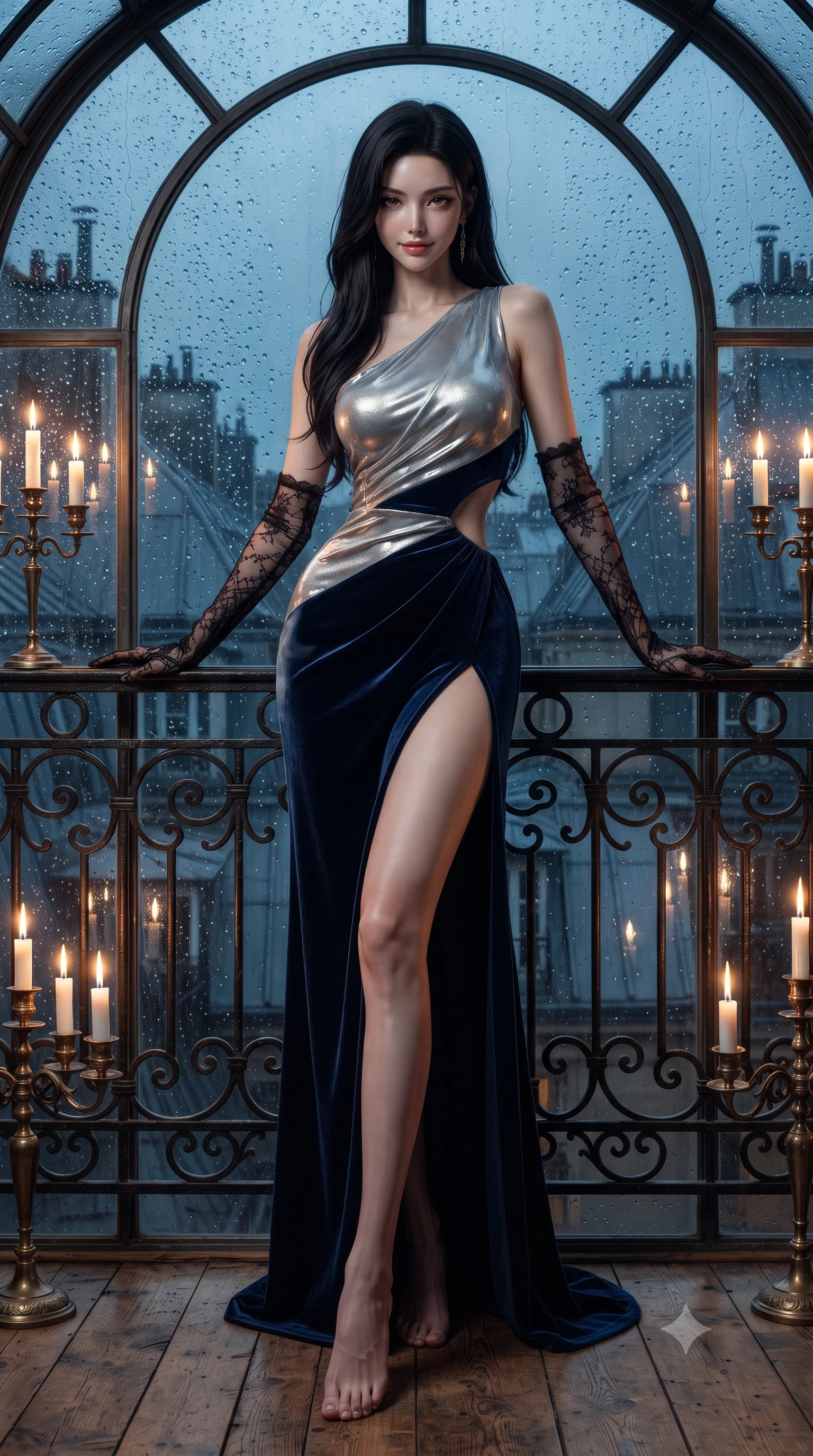 score_9, masterpiece, best quality, ultra-detailed, high-budget anime keyframe, editorial fashion photography, tasteful artistic composition, Korean woman. low angle full-body shot from head to toe showing her feet, filling the entire 9:16 vertical frame with her statuesque presence, stretching her vertical silhouette. leaning deep against the balcony balustrade with hips cocked back in an unapologetically alluring high-fashion stance, casting an intoxicating glance while standing tall beside the arched iron greenhouse window with hips cocked back, looking out over rainy Paris zinc rooftops with bedroom-eyes. The surrounding environment is rendered in vivid detail and crisp panoramic clarity: sharp rain droplet beads on skylight glass, rough-hewn oak floorboards, and antique brass candelabra details in deep focus. She has an absolutely perfect, statuesque 8.5-heads proportion, an exceptionally tall and slender model-like female figure with impossibly long slender legs, an ultra-slim waist, a flat toned midriff, narrow delicate ribcage, and beautifully sculpted feminine hips creating a graceful, slim hourglass silhouette without any bulky heaviness. sharp v-shaped jawline, high-bridge nose, sparkling eyes with hypnotic seductive depth, thick curled eyelashes, glossy parted lips with a natural dewy peach sheen, alluring bedroom-eyes with an enchanting coquettish smile, exuding magnetic siren charisma and sophisticated glamour, flawlessly proportioned anatomical accuracy, strict slender model proportions, natural body alignment, perfectly sculpted long slender limbs, ultra-slim waistline, clean dynamic posture without body distortion. wearing an asymmetric one-shoulder liquid jersey gown with dramatic hip-high slit and sculptural waist cutout in molten liquid silver and deep sapphire navy, tailored from ultra-plush velvet with rich tactile depth and deep shadow gradients, complemented by sheer opera-length lace evening gloves tracing her slender arms, the high-slit wrap tailoring accentuating her ultra-slim waistline and the enchanting curve of her feminine hips with alluring seductive charm. bathed in the flickering warmth of clusters of tall church candles mixed with cool midnight rain ambient light. ultra-reflective glossy finish, specular highlights, rich textural contrasts, high-contrast stereoscopic depth, volumetric dynamic lighting, 2k, ultra detail, master piece, 9:16 ratio