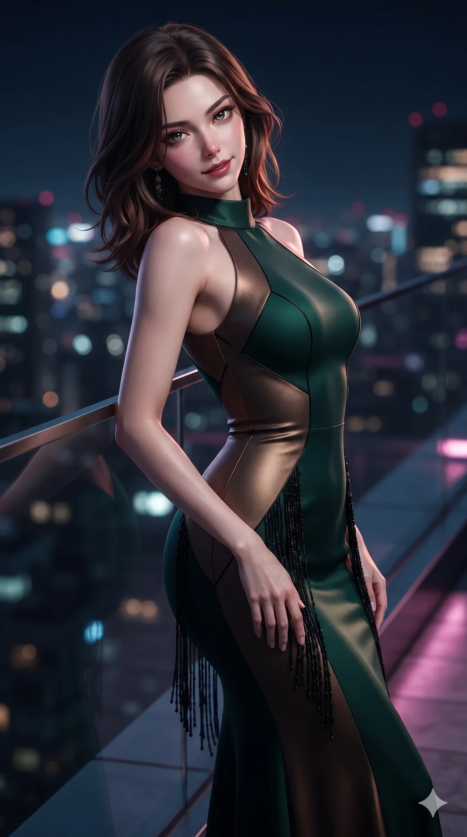 score_9, masterpiece, best quality, ultra-detailed, high-budget anime keyframe, editorial fashion photography, tasteful artistic composition, Korean woman. close-up cowboy shot from the waist and thighs up, the character dominates the composition, filling the frame with her large presence. tilting her head with a teasing half-smile, running one hand slowly down the side of her hip in a flirtatious S-curve as ambient neon caresses her silhouette while leaning back against the sleek glass parapet with hips cocked back, casting an intoxicating, sultry bedroom-gaze over a bare shoulder toward the lens. The background shows a soft-focus panoramic Tokyo skyline at midnight softened in penthouse rooftop shallow focus. She has an exceptionally elegant, slender, and willowy female figure with an ultra-slim waist, flat toned midriff, narrow ribcage, and sculpted feminine hips creating an alluring, slim hourglass silhouette without bulk. sharp v-shaped jawline, high-bridge nose, intricate jewel-like dark sparkling eyes with dangerous depth, thick curled eyelashes, glossy parted lips with a rich wine sheen, smoldering seductive half-smile with bedroom-eyes, exuding effortless superiority and intoxicating dark allure, flawlessly proportioned anatomical accuracy, strict slender model proportions, natural body alignment, perfectly sculpted long slender limbs, ultra-slim waistline, clean dynamic posture without body distortion. wearing a bespoke structured mock-neck evening sheath dress with crisp geometric seams in dark emerald green and brushed antique bronze, tailored from heavy double-faced silk georgette with an exceptionally fluid drape, accented with fine jet-black beaded tassels that sway with each movement, the bespoke structured tailoring following the natural line of her 8.5-heads silhouette with refined elegance. illuminated by terrace accent uplights and sharp rose-gold rim lights sculpting her razor-sharp jawline, narrow waist, and curvy hips. ultra-reflective glossy finish, specular highlights, rich textural contrasts, high-contrast stereoscopic depth, volumetric dynamic lighting, 2k, ultra detail, master piece, 9:16 ratio