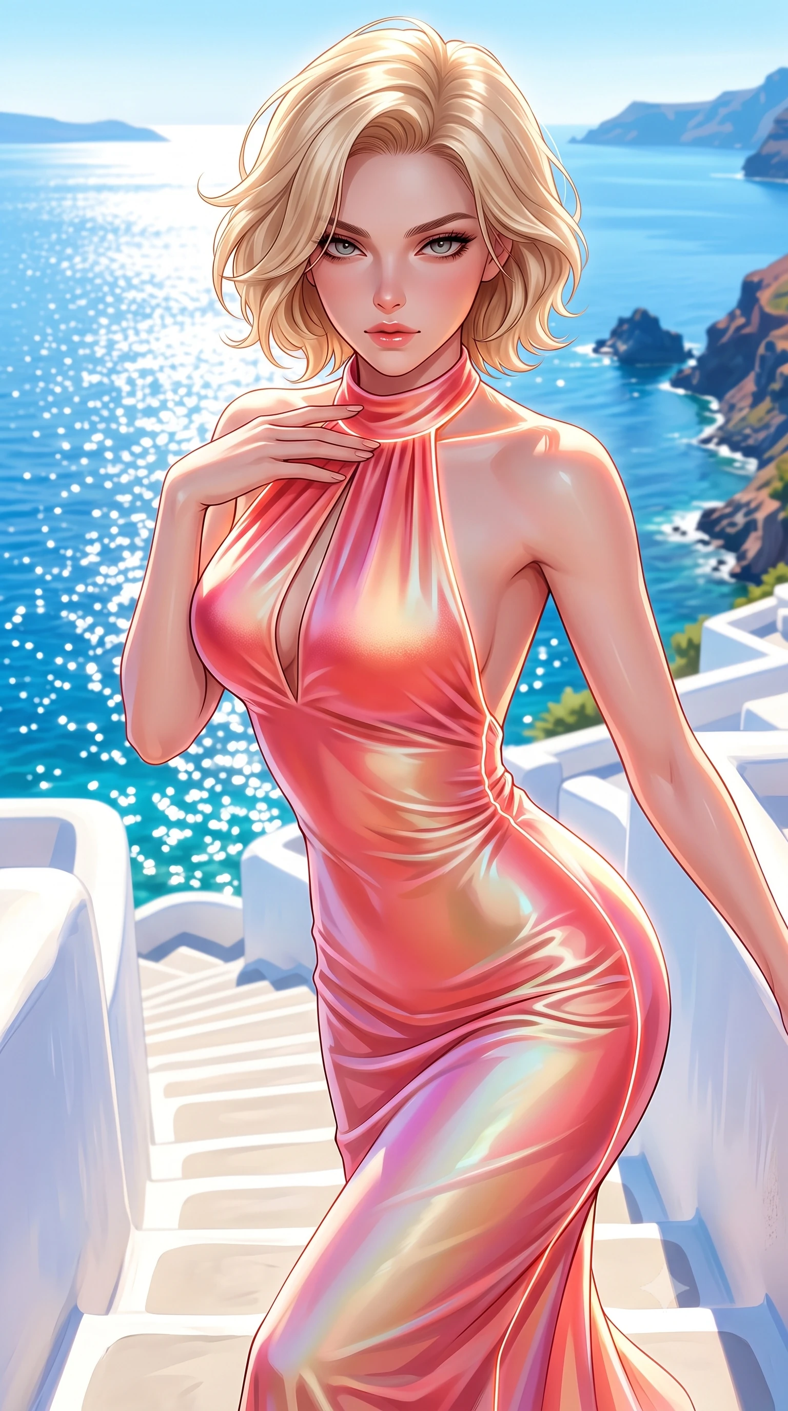 score_9, masterpiece, best quality, ultra-detailed, high-budget anime keyframe, semi-realistic 3D game render, editorial fashion photography, tasteful artistic composition, Caucasian woman. close-up cowboy shot from the waist and thighs up, the character dominates the composition, filling the frame with her large presence. leaning forward with a dangerous, enticing smolder, resting one hand near her collarbone while casting a fiery, magnetic direct gaze while pivoting dynamically on white caldera steps with a breathtaking view of the sparkling sunlit Mediterranean sea. The surrounding environment is rendered in vivid detail and crisp panoramic clarity. intense natural daylight refractions and panoramic coastal scenery captured with environmental sharpness. She has an exceptionally elegant, slender, and willowy female figure with an ultra-slim waist, a gracefully sculpted slender torso, toned flat midriff, and a refined slim silhouette. sharp v-shaped jawline, high-bridge nose, intricate jewel-like eyes with depth, thick eyelashes, glossy lips with a natural sheen, flawlessly proportioned anatomical accuracy, strict slender model proportions, natural body alignment, perfectly sculpted long slender limbs, ultra-slim waistline, clean dynamic posture without body distortion. wearing a velvet halter-neck midi dress fitting her statuesque contour flawlessly with a Tasteful chest slit and open spine in radiant coral pink and champagne ivory, made of smooth iridescent silk chiffon that shifts colors with movement, accented with glowing fiber-optic seams tracing her collarbones and hip curves, the liquid-tight tailored fabric emphasizing every curve of her tall, slender model proportions and sculptured silhouette during dynamic movement. surrounded by a bright, luxurious, and intensely alluring sun-drenched resort atmosphere. highly saturated vibrant anime colors, detailed shading with soft gradients, rich glossy textures, high-contrast stereoscopic depth, volumetric dynamic lighting, master piece, 9:16 ratio