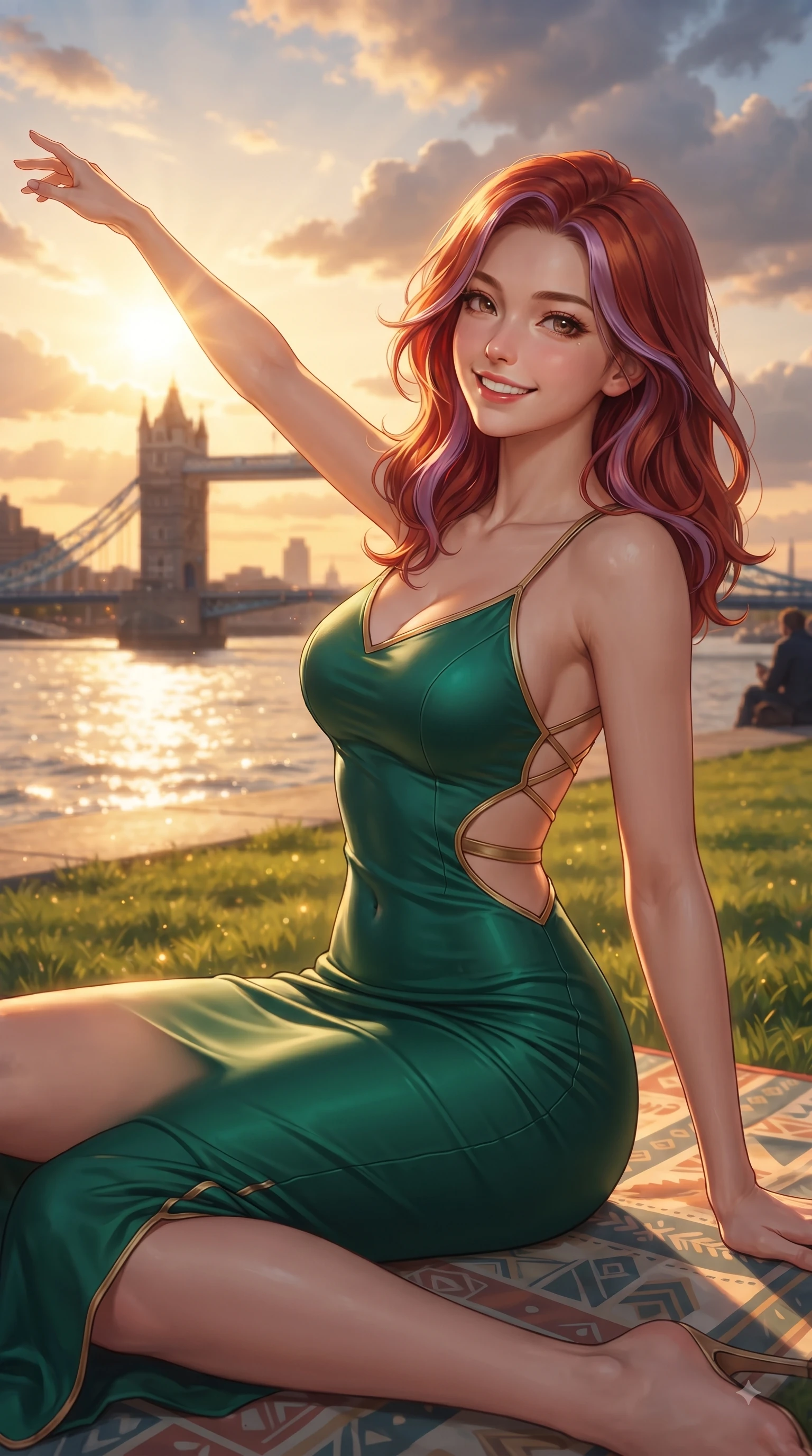 score_9, masterpiece, best quality, ultra-detailed, high-budget anime keyframe, editorial fashion photography, tasteful artistic composition, Caucasian woman. close-up cowboy shot from the waist and thighs up, the character dominates the composition, filling the frame with her large presence. Extending one arm in an elegant stretch toward the light while smiling with vibrant, youthful self-assurance while sitting gracefully on a picnic mat on a green riverfront park lawn during golden hour. The surrounding environment is rendered in vivid detail and crisp panoramic clarity. sparkling river waters, iconic city bridge outlines, and dramatic sunset sky clouds in crisp detail. She has an exceptionally elegant, slender, and willowy female figure with an ultra-slim waist, a gracefully sculpted slender torso, and a refined silhouette. sharp v-shaped jawline, high-bridge nose, intricate jewel-like eyes with depth, thick eyelashes, glossy lips with a natural sheen, flawlessly proportioned anatomical accuracy, natural body alignment, perfectly sculpted elegant limbs, clean dynamic posture without body distortion. wearing a form-contouring bodycon dress featuring subtle strategic side waist cutouts in bright emerald green and warm gold trim, made of premium stretch jersey that follows her curves like a glove, finished with delicate criss-cross back straps highlighting her bare shoulders, the sleek second-skin texture accentuating her magnetic presence. bathed in glorious golden hour sunset sunbeams and warm amber sky radiance. ultra-reflective glossy finish, specular highlights, metallic sheen, high-contrast stereoscopic depth, volumetric dynamic lighting, 2k, ultra detail, master piece, 9:16 ratio