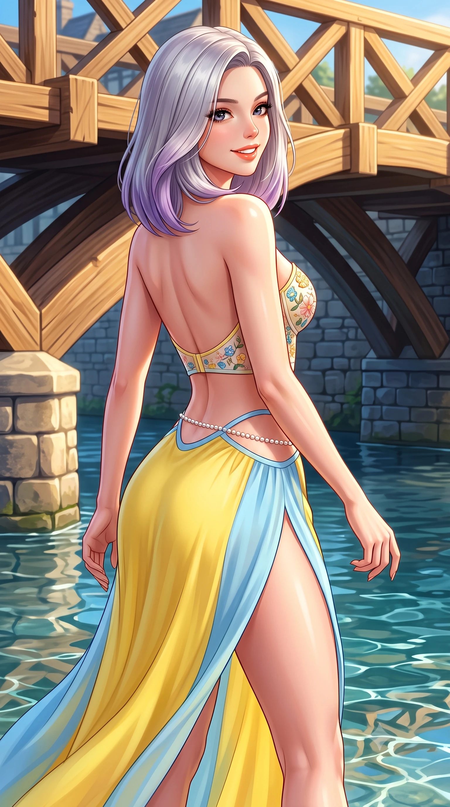 score_9, masterpiece, best quality, ultra-detailed, high-budget anime keyframe, semi-realistic 3D game render, editorial fashion photography, tasteful artistic composition, Caucasian woman. close-up cowboy shot from the waist and thighs up, the character dominates the composition, filling the frame with her large presence. posing in an alluring rear three-quarter angle, turning over a bare shoulder with an intoxicating cute smile, her hips cocked back to highlight her slim hourglass curve while walking gracefully down the stone collegiate path, her tailored chic outfit highlighting her narrow waist and feminine hips in the English sun. The surrounding environment is rendered in vivid detail and crisp panoramic clarity. sharp geometric timber beam joints of the bridge, river water ripple caustics, and stone masonry in deep focus. She has an exceptionally elegant, slender, and willowy female figure with an ultra-slim waist, flat toned midriff, narrow ribcage, and sculpted feminine hips creating an alluring, slim hourglass silhouette without bulk. sharp v-shaped jawline, high-bridge nose, intricate jewel-like sparkling eyes with depth, thick eyelashes, glossy parted lips with a natural peach sheen, bright cheerful beaming smile with an enchanting and coquettish sensual glint, exuding both youthful cute charm and seductive allure, flawlessly proportioned anatomical accuracy, strict slender model proportions, natural body alignment, perfectly sculpted long slender limbs, ultra-slim waistline, clean dynamic posture without body distortion. wearing a delicate floral embroidery bustier top paired with a flowy high-slit chiffon maxi skirt with a side hip opening in sunny daffodil yellow and clear sky blue, crafted from liquid-tight stretch jersey emphasizing every curve, accented with a dainty pearl waist chain catching the ambient sunlight, the precision-cut side openings and low-back scoop framing her graceful spine and the sensual sweep of her slim, toned hips. illuminated by calm river water specular reflections accentuating her sculpted collarbones, ultra-slim waist, and curvy hips. highly saturated vibrant anime colors, detailed shading with soft gradients, rich glossy textures, high-contrast stereoscopic depth, volumetric dynamic lighting, master piece, 9:16 ratio