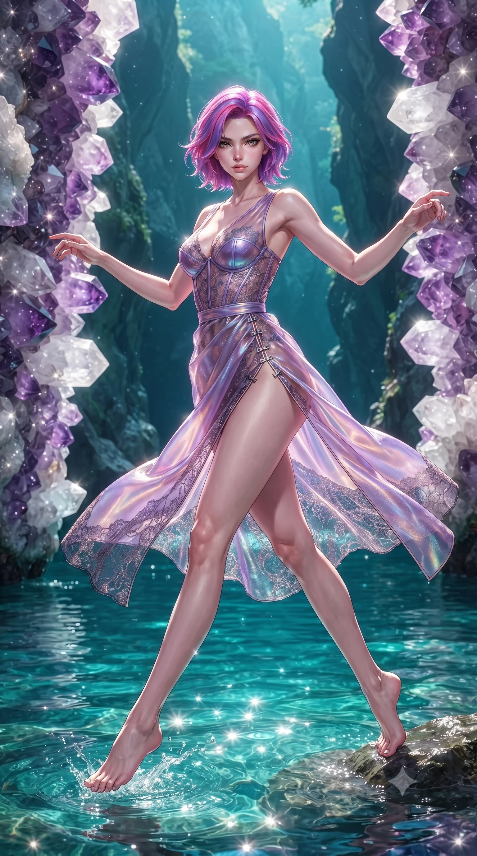 score_9, masterpiece, best quality, ultra-detailed, high-budget anime keyframe, editorial fashion photography, tasteful artistic composition, Caucasian woman. low angle full-body shot from head to toe showing her feet, filling the entire 9:16 vertical frame with her statuesque presence, stretching her vertical silhouette. performing an alluring mid-air vault with flawless poise, looking directly into the camera with smoldering intensity while standing waist-deep in pure turquoise river water framed by towering amethyst and white quartz crystal canyon walls. The surrounding environment is rendered in vivid detail and crisp panoramic clarity. vibrant natural crystal colors and crystalline sanctuary landscape captured with environmental precision. She has an absolutely perfect, statuesque 8.5-heads proportion, an exceptionally tall and slender model-like female figure with impossibly long slender legs, a toned flat midriff, and an ultra-slim waist. sharp v-shaped jawline, high-bridge nose, intricate jewel-like eyes with depth, thick eyelashes, glossy lips with a natural sheen, flawlessly proportioned anatomical accuracy, strict slender model proportions, natural body alignment, perfectly sculpted long slender limbs, ultra-slim waistline, clean dynamic posture without body distortion. wearing a translucent iridescent organza wrap dress with structured bustier boning, plunging neckline, and high-cut dual leg slits in luminous lavender violet and rose gold, crafted from delicate dark lace interwoven with luminescent micro-fibers, finished with an ultra-high side slit secured by miniature magnetic clasps, the precision-cut daring openings accentuating her delicate midriff, graceful bare collarbones, and ultra-slim feminine waistline. illuminated by sparkling river water caustics and crisp white key lighting. ultra-reflective glossy finish, specular highlights, metallic sheen, high-contrast stereoscopic depth, volumetric dynamic lighting, 2k, ultra detail, master piece, 9:16 ratio