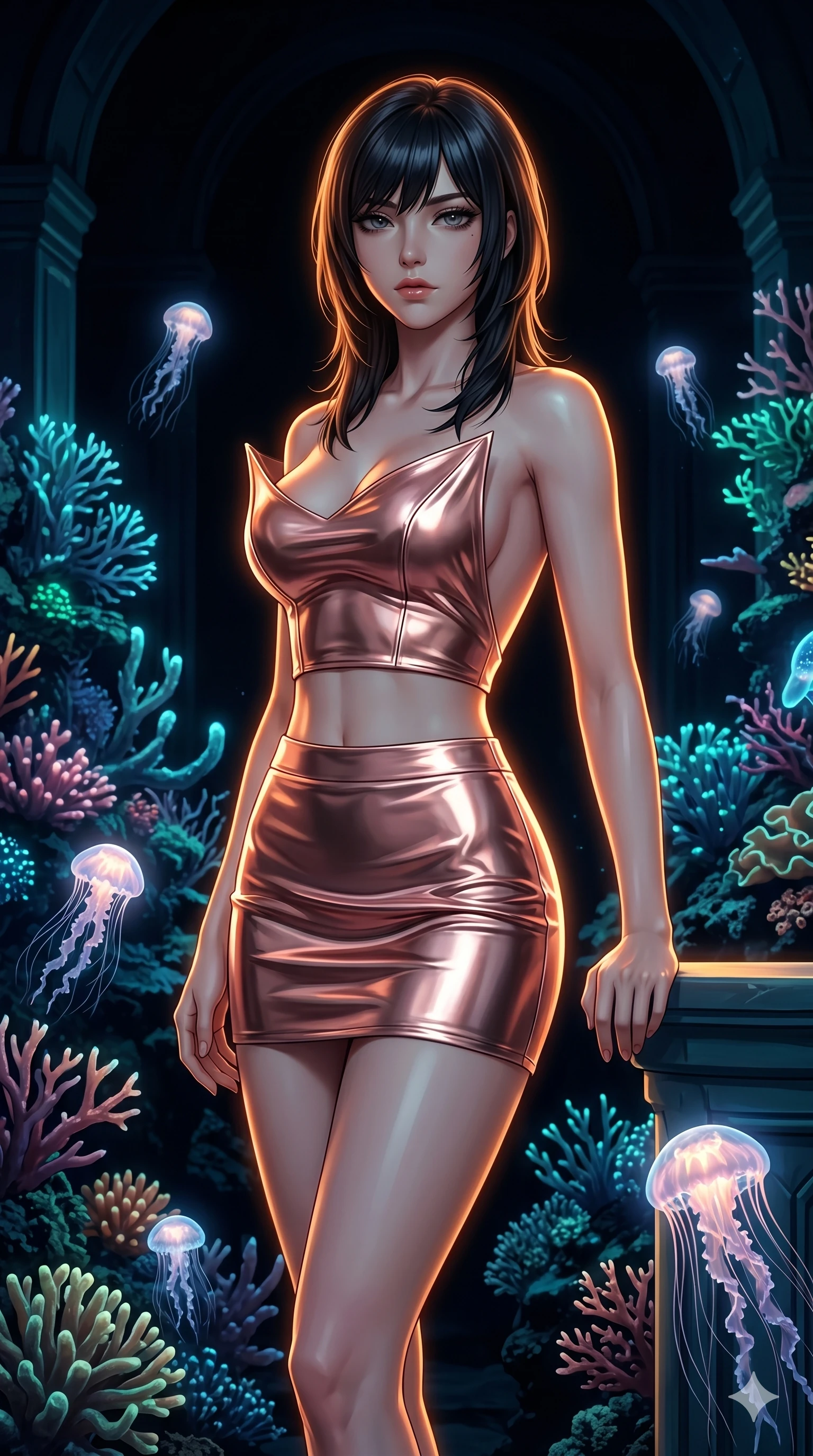 score_9, masterpiece, best quality, ultra-detailed, high-budget anime keyframe, editorial fashion photography, tasteful artistic composition, Caucasian woman, strictly human ears. cowboy shot from the thighs up, character and outfit filling the frame for maximum editorial presence. Casting a slow, direct gaze beneath heavy lashes with quiet intensity within a submerged futuristic palace surrounded by bioluminescent coral and jellyfish. She has an absolutely perfect 8-heads proportion, an exceptionally tall and slender female figure with impossibly long slender legs and an ultra-slim waist. V-shaped jawline, high-bridge nose, intricate jewel-like eyes with depth, thick eyelashes, glossy lips with a natural sheen. wearing a sculpted metallic rose-gold structured crop top with a forward-facing architectural neckline and a wide-open back, paired with a matching high-waist metallic mini skirt in the same liquid fabric. drenched in warm amber cinematic rim lighting that traces every contour of her silhouette against a dark background. 2k, ultra detail, master piece, 9:16 ratio