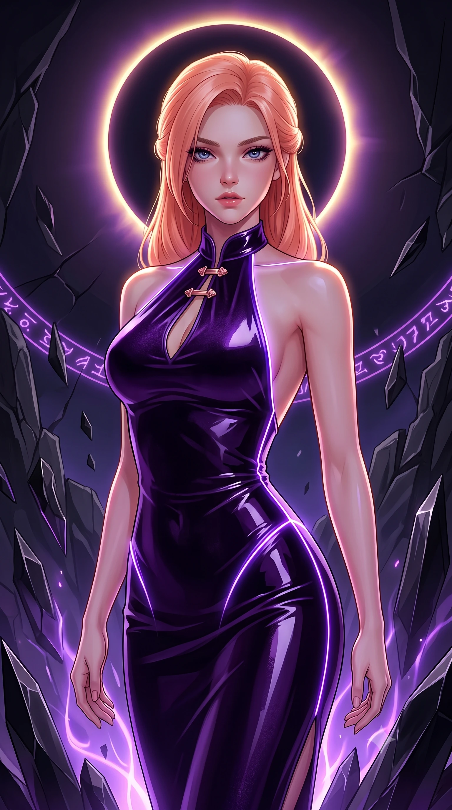 score_9, masterpiece, best quality, ultra-detailed, high-budget anime keyframe, semi-realistic 3D game render, editorial fashion photography, tasteful artistic composition, Japanese woman. close-up cowboy shot from the waist and thighs up, the character dominates the composition, filling the frame with her large presence. gazing directly into the lens with bedroom eyes and a breathtaking, dangerous allure that commands the entire dark composition while arching her spine in a powerful yet enticing stance as the eclipsed solar corona casts a sharp golden-violet halo. The surrounding environment is rendered in vivid detail and crisp panoramic clarity. sharp basalt stone carving fractures, razor-edged black crystal facets, and glowing purple glyph lines in deep focus. She has an exceptionally elegant, slender, and willowy female figure with an ultra-slim waist, a gracefully sculpted slender torso, toned flat midriff, and a refined slim silhouette. sharp v-shaped jawline, high-bridge nose, intricate jewel-like eyes with depth, thick eyelashes, glossy lips with a natural sheen, flawlessly proportioned anatomical accuracy, strict slender model proportions, natural body alignment, perfectly sculpted long slender limbs, ultra-slim waistline, clean dynamic posture without body distortion. wearing a velvet halter-neck midi dress fitting her statuesque contour flawlessly with a Tasteful chest slit and open spine in deep velvet violet and rose-gold metallic clasps, formed from high-gloss patent material with specular chiaroscuro reflections, accented with glowing fiber-optic seams tracing her collarbones and hip curves in the gloom, the form-contouring material adhering flawlessly to her sculpted flat midriff and slender torso, emphasizing her long leg lines and perfectly proportioned willowy build. bathed in glowing violet arcane energy uplights and sharp golden eclipse corona rim lighting. rich saturated anime colors with deep moody shadows, detailed chiaroscuro shading with soft gradients, rich glossy textures, high-contrast stereoscopic depth, volumetric dynamic shadow lighting, master piece, 9:16 ratio