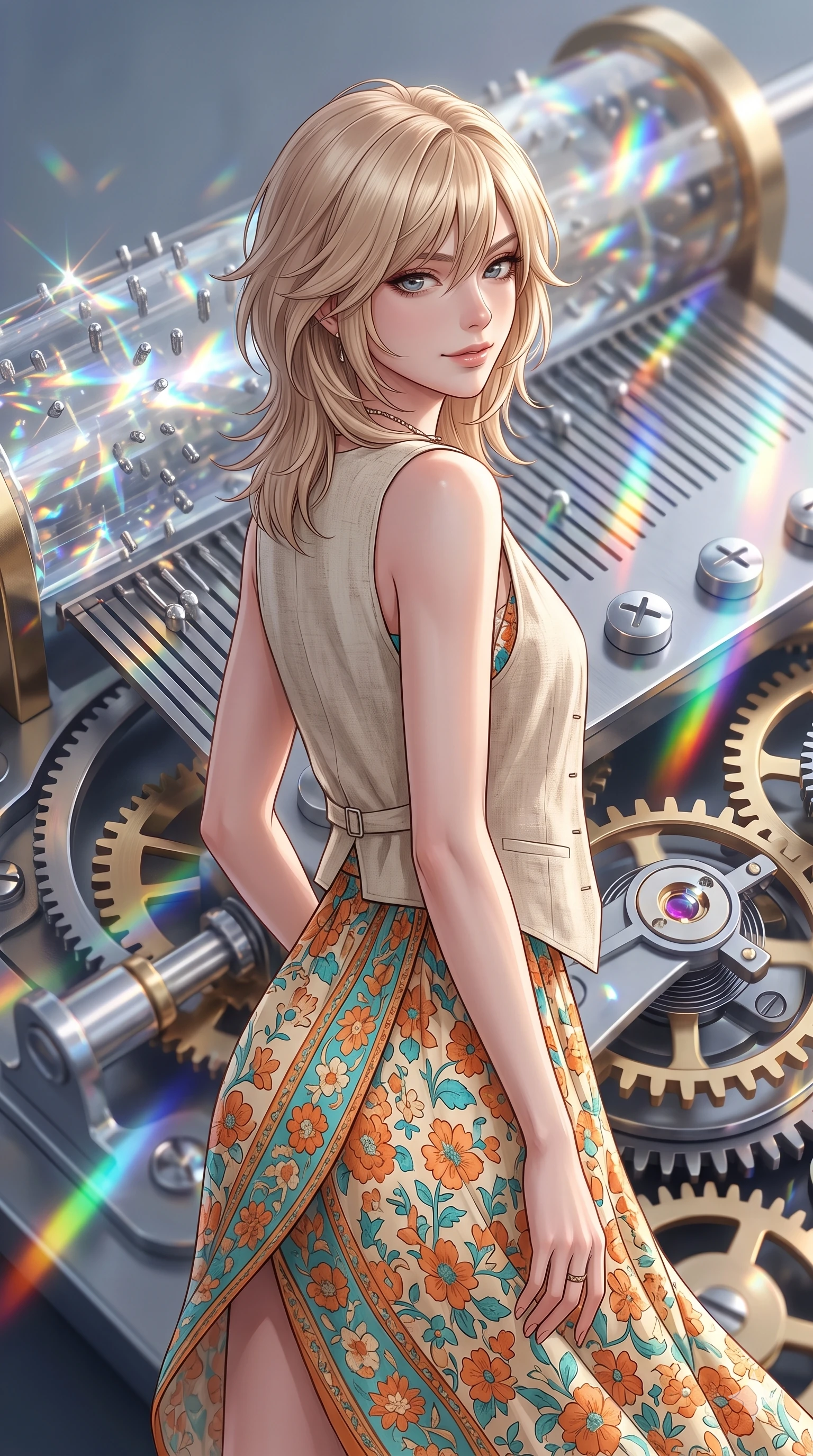score_9, masterpiece, best quality, ultra-detailed, high-budget anime keyframe, editorial fashion photography, tasteful artistic composition, Japanese woman. close-up cowboy shot from the waist and thighs up, the character dominates the composition, filling the frame with her large presence, background elements kept in soft focus. Glancing sidelong over her shoulder with a smoldering half-smile. set against a soft-focus background of inside a giant music box mechanism with rotating crystal cylinders silver pins plucking ethereal melodies and delicate clockwork gears of polished brass turning in perfect synchronization. She has an exceptionally elegant and slender, willowy female figure with an ultra-slim waist, a gracefully sculpted slender torso, and a refined slim physique. sharp v-shaped jawline, high-bridge nose, intricate jewel-like eyes with depth, thick eyelashes, glossy lips with a natural sheen. wearing a bohemian wrap dress in a sun-drenched floral pattern of orange, turquoise, and cream, layered with a light beige linen vest. sparkling prismatic light refracting through the rotating crystal cylinders casting rainbow patterns that sweep across the space in rhythm with the melody. 2k, ultra detail, master piece, 9:16 ratio