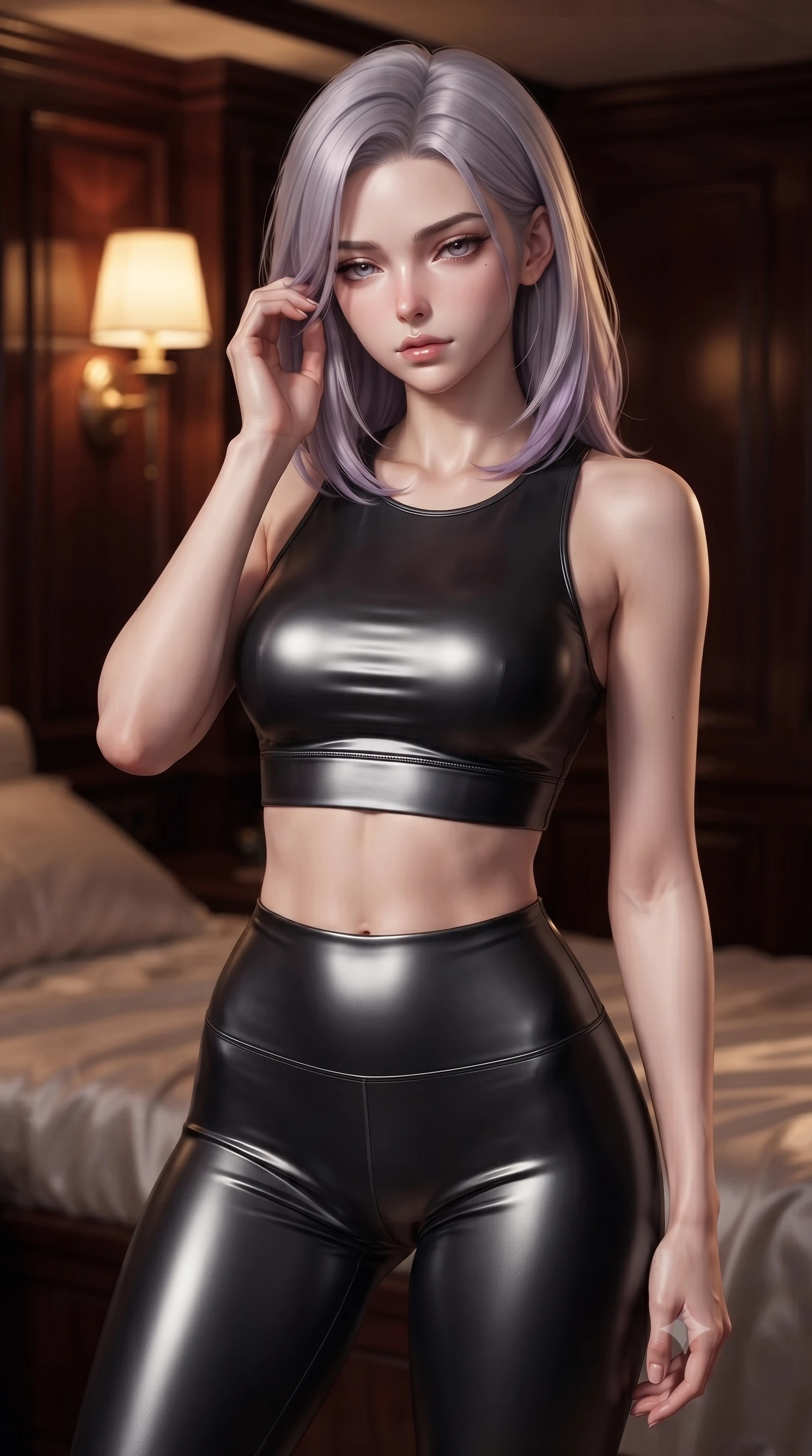 score_9, masterpiece, best quality, ultra-detailed, high-budget anime keyframe, editorial fashion photography, tasteful artistic composition, Caucasian woman. close-up cowboy shot from the waist and thighs up, the character dominates the composition, filling the frame with her large presence, background elements kept in soft focus. gently touching the side of her temple, casting a heavy-lidded, sultry look past the camera, the background shows a soft-focus a yacht private cabin with dark mahogany wood panels and silk sheets. She has an exceptionally elegant, slender, and willowy female figure with an ultra-slim waist, a gracefully sculpted slender torso, and a refined silhouette. sharp v-shaped jawline, high-bridge nose, intricate jewel-like eyes with depth, thick eyelashes, glossy lips with a natural sheen. wearing a body-hugging form-fitting athletic crop top and matching high-waisted compression leggings in sleek carbon-black tech fabric. warm golden lamplight casting cozy, intimate shadows on her outfit. ultra-reflective glossy finish, specular highlights, metallic sheen, high-contrast stereoscopic depth, volumetric dynamic lighting, 2k, ultra detail, master piece, 9:16 ratio