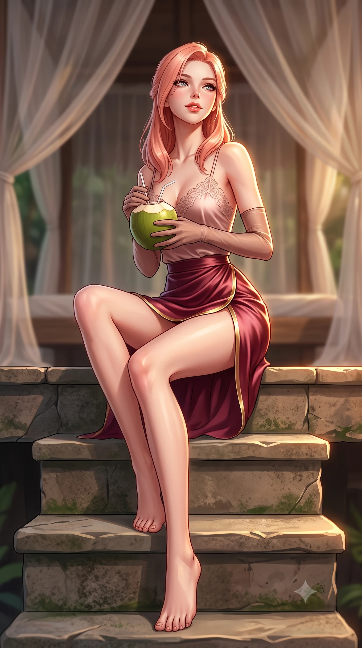 score_9, masterpiece, best quality, ultra-detailed, high-budget anime keyframe, semi-realistic 3D game render, editorial fashion photography, tasteful artistic composition, Japanese woman. low angle full-body shot from head to toe showing her feet, filling the entire 9:16 vertical frame with her statuesque presence, stretching her vertical silhouette. sitting poised on the stone steps with one knee bent, arching her spine with supermodel elegance as she glances upward through thick eyelashes while sitting perched on the edge of the floating platform with legs extended, holding a fresh coconut elixir with an alluring, parted-lip smile. The background shows a soft-focus sheer mosquito netting drapes softened in romantic jungle treehouse shallow focus. She has an absolutely perfect, statuesque 8.5-heads proportion, an exceptionally tall and slender model-like female figure with impossibly long slender legs, an ultra-slim waist, a flat toned midriff, narrow delicate ribcage, and beautifully sculpted feminine hips creating a graceful, slim hourglass silhouette without any bulky heaviness. sharp v-shaped jawline, high-bridge nose, sparkling eyes with hypnotic seductive depth, thick curled eyelashes, glossy parted lips with a natural dewy peach sheen, alluring bedroom-eyes with an enchanting coquettish smile, exuding magnetic siren charisma and sophisticated glamour, flawlessly proportioned anatomical accuracy, strict slender model proportions, natural body alignment, perfectly sculpted long slender limbs, ultra-slim waistline, clean dynamic posture without body distortion. wearing a delicate lace-trimmed silk camisole paired with a draped satin tulip mini skirt with high side slit in Belle Époque bordeaux and gilded 24k gold, crafted from fluid liquid silk satin that clings smoothly to every curve with a dewy sheen, complemented by sheer opera-length evening gloves tracing her slender arms, the form-contouring silhouette accentuating her sculpted flat midriff, narrow delicate ribcage, and gracefully curvy hips with intoxicating allure. illuminated by polished teak reflection bounce and sharp flame-gold rim lights defining her razor-sharp jawline, narrow waist, and curvy hips. highly saturated vibrant anime colors, detailed shading with soft gradients, rich glossy textures, high-contrast stereoscopic depth, volumetric dynamic lighting, master piece, 9:16 ratio