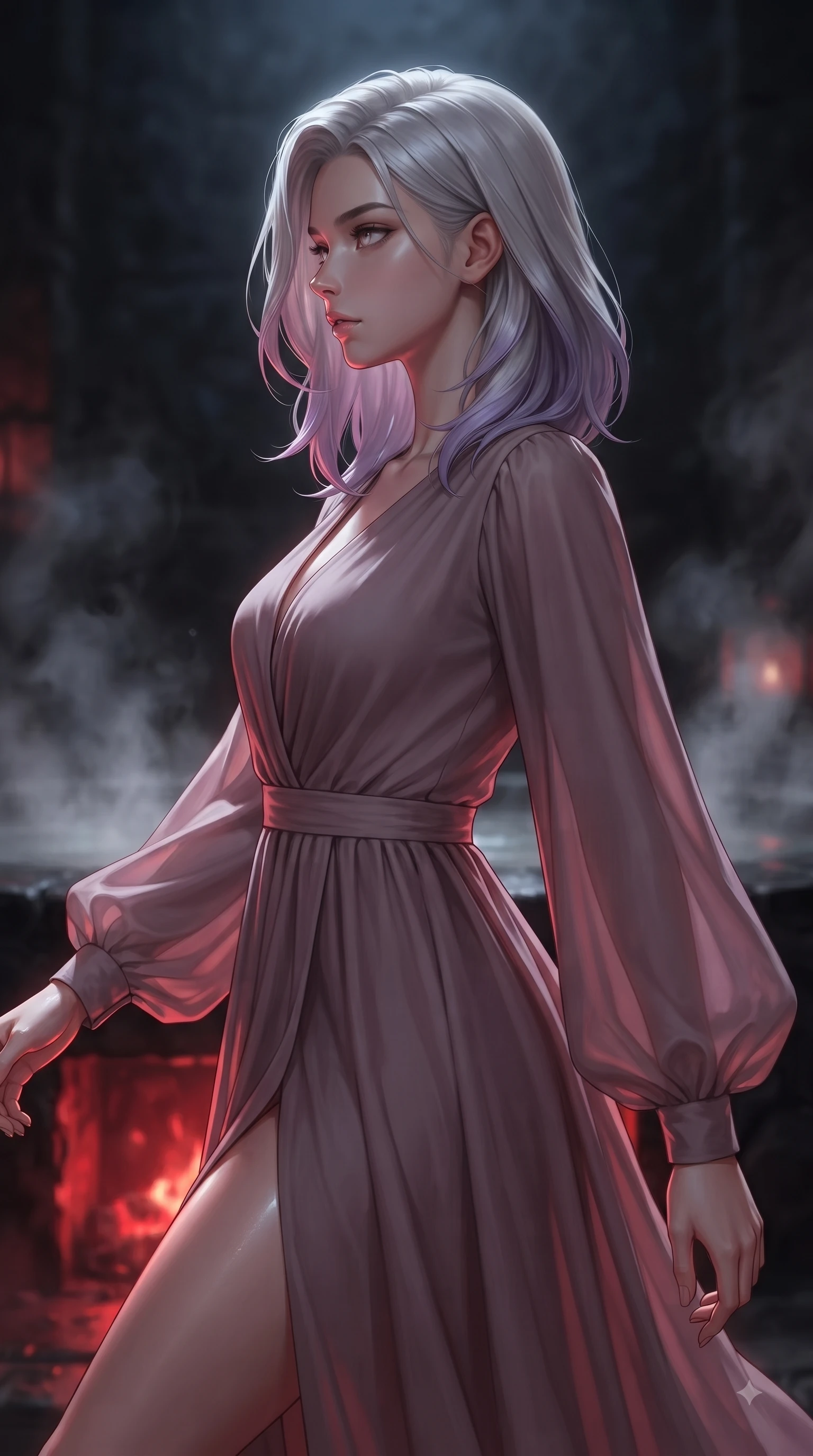 score_9, masterpiece, best quality, ultra-detailed, high-budget anime keyframe, editorial fashion photography, tasteful artistic composition, Caucasian woman woman. close-up cowboy shot from the waist and thighs up, the character dominates the composition, filling the frame with her large presence, background elements kept in soft focus. She has an exceptionally elegant, slender, and willowy female figure with an ultra-slim waist, a gracefully sculpted slender torso, and a refined silhouette. turning her head in a sharp dramatic profile against the key light, her eyes glowing with calm focus, flawlessly proportioned anatomical accuracy, natural body alignment, perfectly sculpted elegant limbs, clean dynamic posture without body distortion. set against a soft-focus background of a dark basalt thermal bath chamber with rising mineral steam. wearing a serene dusty mauve chiffon maxi dress with long bishop sleeves. bathed in warm crimson furnace glow from below contrasting with cool top ambient light. ultra-reflective glossy finish, specular highlights, metallic sheen, high-contrast stereoscopic depth, volumetric dynamic lighting, 2k, ultra detail, master piece, 9:16 ratio