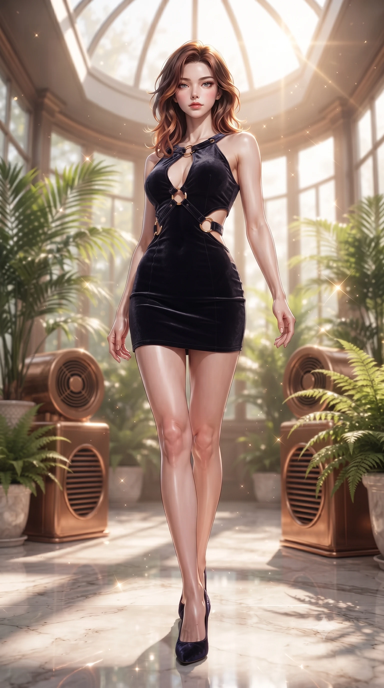 score_9, masterpiece, best quality, ultra-detailed, high-budget anime keyframe, editorial fashion photography, tasteful artistic composition, Korean woman woman. low angle full-body shot from head to toe showing her feet, filling the entire 9:16 vertical frame with her statuesque presence, stretching her vertical silhouette. She has an absolutely perfect, statuesque 8.5-heads proportion, an exceptionally tall and slender model-like female figure with impossibly long slender legs and an ultra-slim waist. standing victorious in a commanding statuesque pose, filling the frame with her slender presence, flawlessly proportioned anatomical accuracy, natural body alignment, perfectly sculpted elegant limbs, clean dynamic posture without body distortion. set against a soft-focus background of a luxury sunroom filled with potted palms and bronze vents. wearing a slitted cutout bodycon mini dress in dark velvet with gold ring hardware framing her waist. bathed in bright morning sunbeams creating sparkling glints on polished floors. ultra-reflective glossy finish, specular highlights, metallic sheen, high-contrast stereoscopic depth, volumetric dynamic lighting, 2k, ultra detail, master piece, 9:16 ratio