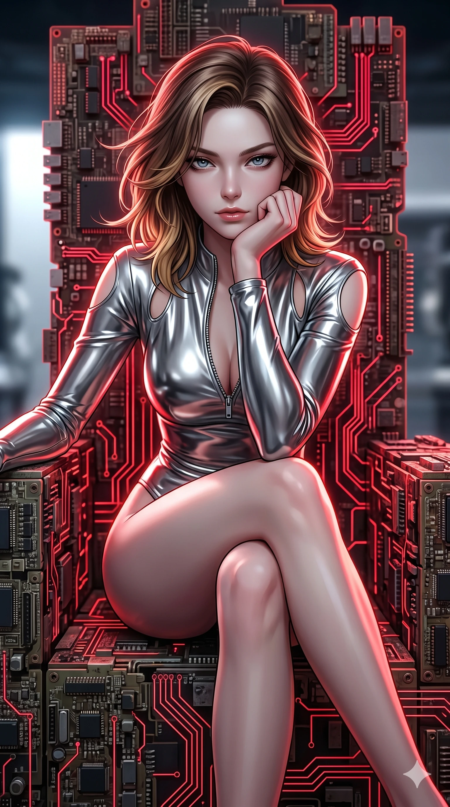 score_9, masterpiece, best quality, ultra-detailed, high-budget anime keyframe, editorial fashion photography, tasteful artistic composition, Korean woman. Upper body close-up from the thighs up, character filling the screen for maximum presence. She is seated dynamically on a throne of calcified logic boards and glowing red circuits. She leans forward with a dangerous, enticing smolder, resting one elbow on her knee. She has an absolutely perfect 8-heads proportion, an exceptionally tall and slender female figure with impossibly long slender legs and an ultra-slim waist. V-shaped jawline, high-bridge nose, intricate jewel-like eyes with depth, thick eyelashes, glossy lips with a natural sheen. She is wearing a form-fitting top made of molten liquid-mercury fabric that clings to her curves, with strategic tear-drop shoulder cutouts and a dangerously unzipped front collar. The scene is bathed in bright white studio flash light and sharp crimson rim lighting outlining her silhouette. 2k, ultra detail, master piece, 9:16 ratio