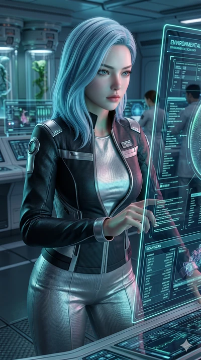 score_9, masterpiece, best quality, ultra-detailed, high-budget anime keyframe, semi-realistic 3D game render, Korean woman. Upper body close-up from the thighs up, character filling the screen for maximum presence. On a biotech laboratory bridge, du