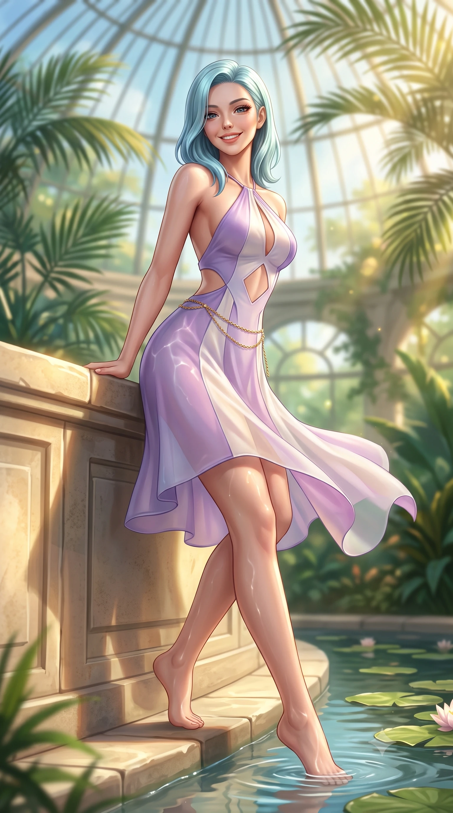 score_9, masterpiece, best quality, ultra-detailed, high-budget anime keyframe, semi-realistic 3D game render, editorial fashion photography, tasteful artistic composition, Korean woman. low angle full-body shot from head to toe showing her feet, filling the entire 9:16 vertical frame with her statuesque presence, stretching her vertical silhouette. leaning deep against the sunlit architecture with hips cocked back in a cute yet unapologetically alluring high-fashion stance, flashing a warm beaming smile while wading lightly beside a tranquil stone lily pond with one knee bent, water caustics tracing her feminine hips and long slender legs. The composition keeps background elements in soft focus with dreamy creamy bokeh. lush tropical palm fronds and soaring glass dome panes blurred into a dreamy emerald, jade, and golden sunbeam bokeh. She has an exceptionally tall and slender model-like 8.5-heads proportion, an ultra-slim waist, a flat toned midriff, narrow delicate ribcage, and beautifully sculpted feminine hips creating a graceful, slim hourglass silhouette without any bulky heaviness, with impossibly long slender legs. sharp v-shaped jawline, high-bridge nose, intricate jewel-like sparkling eyes with depth, thick eyelashes, glossy parted lips with a natural peach sheen, bright cheerful beaming smile with an enchanting and coquettish sensual glint, exuding both youthful cute charm and seductive allure, flawlessly proportioned anatomical accuracy, strict slender model proportions, natural body alignment, perfectly sculpted long slender limbs, ultra-slim waistline, clean dynamic posture without body distortion. wearing a backless pastel halter sundress with side-waist diamond cutouts and an ultra-fitted hip-hugging silhouette in delicate lavender violet and pearlescent white, tailored from fine lightweight chiffon that flutters gently in the breeze, accented with a delicate gold chain belt resting loosely on her curvy hips, the form-contouring cut accentuating her sculpted flat midriff, narrow delicate ribcage, and gracefully curvy hips with supermodel precision. bathed in fresh botanical sunbeams filtering through the soaring glass dome. highly saturated vibrant anime colors, detailed shading with soft gradients, rich glossy textures, high-contrast stereoscopic depth, volumetric dynamic lighting, master piece, 9:16 ratio